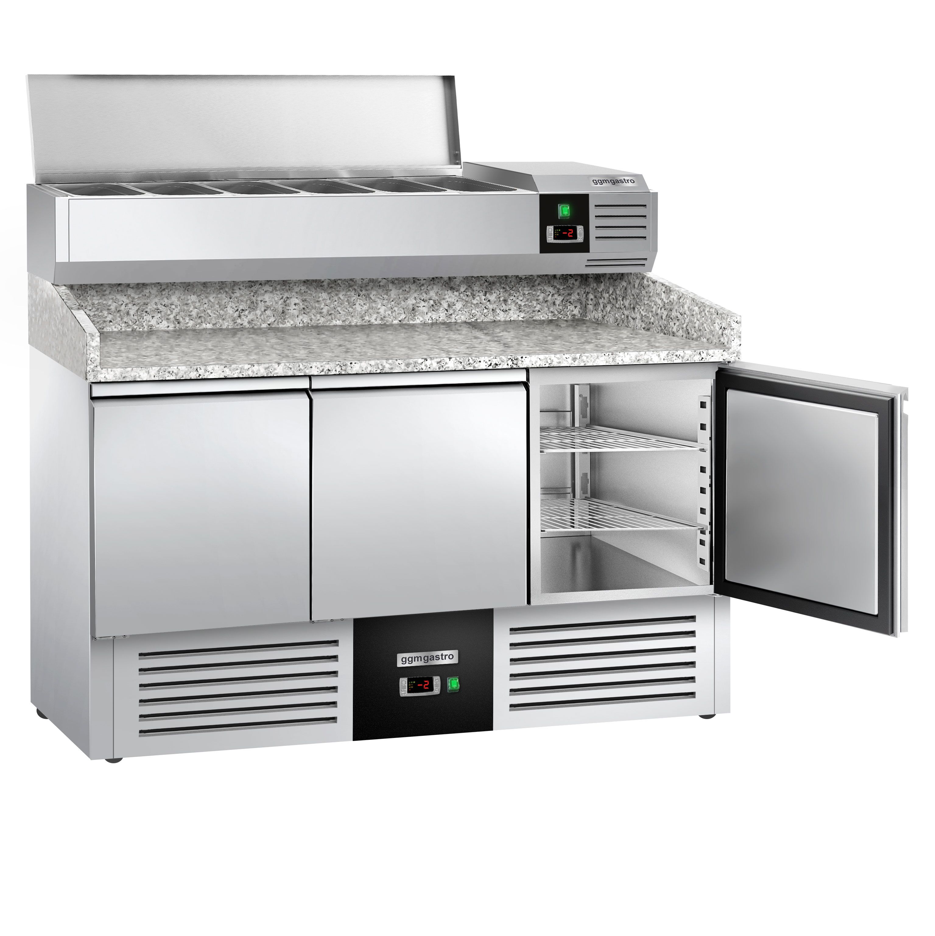 Banco pizza refrigerato PREMIUM - 1400x700mm - con 3 porte - piano in granito - con vetrina ingredienti refrigerata superiore - 6x GN 1/4