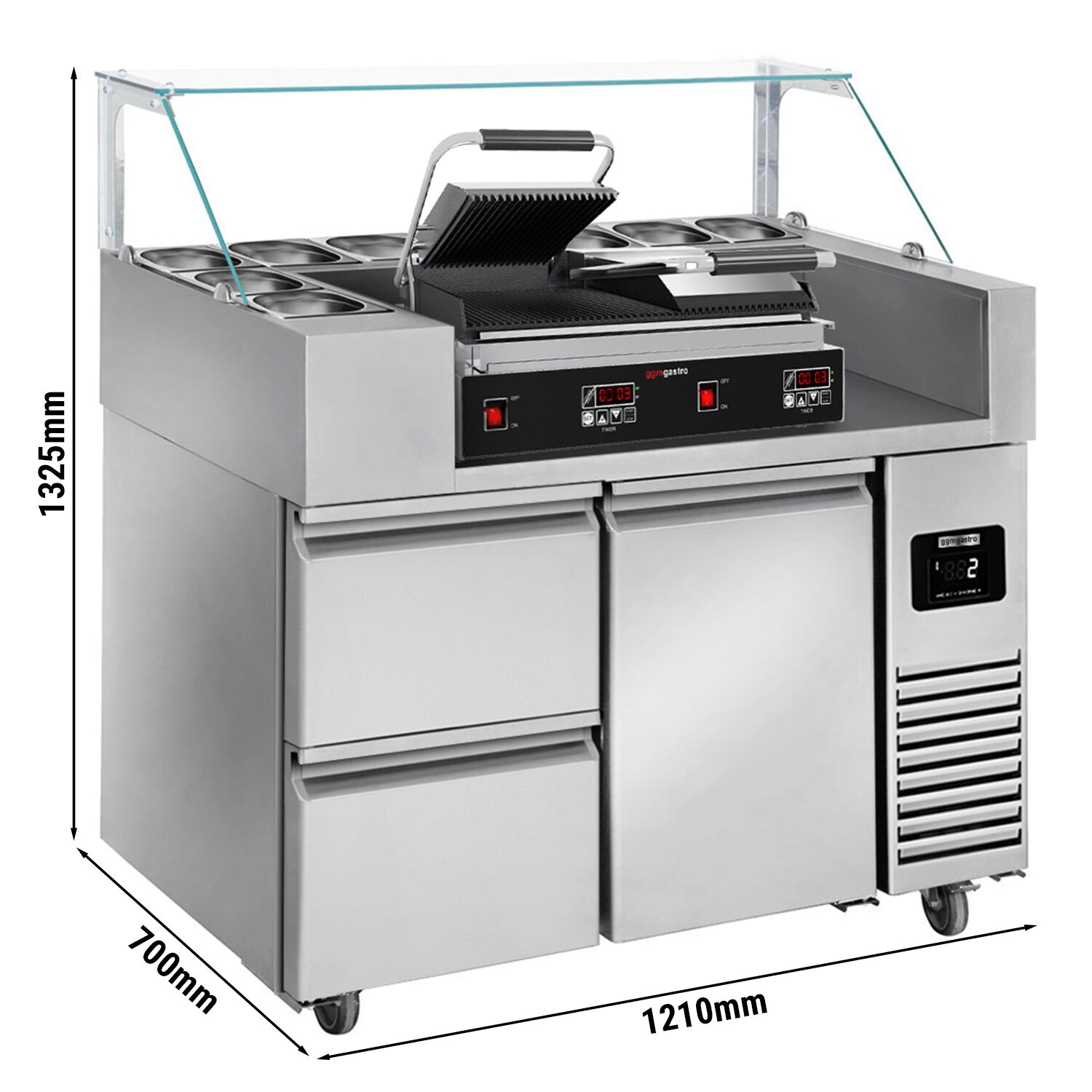 Saladette réfrigérée professionnelle - 1210x700mm - 1 porte & 2 tiroirs - pour 9x GN 1/6 - incl. vitrine à ingrédients