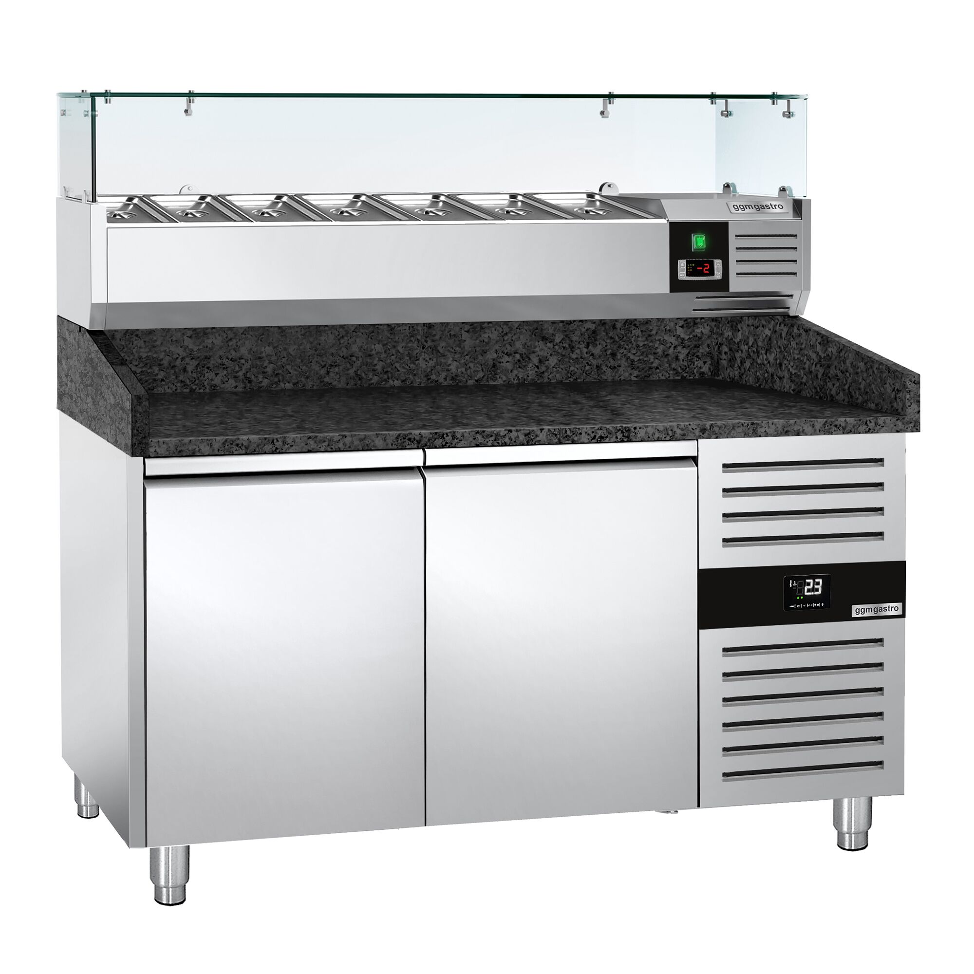 Table réfrigérée à pizza PREMIUM - 1500 x 800 mm - avec 2 portes - incl. vitrine réfrigérée - 6 x GN 1/3