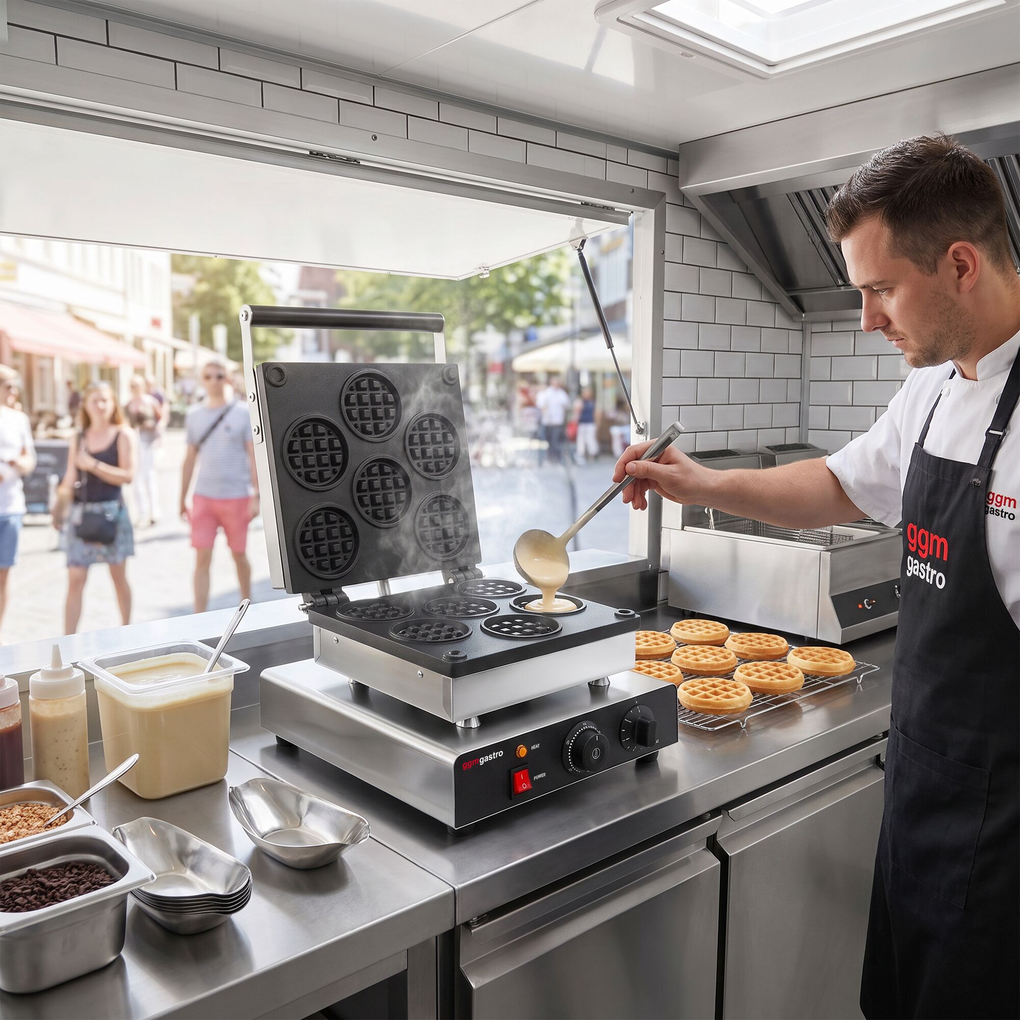 Waffle iron - Single - Manual - 1,75 kW - Shape: Waffle coins - Teflon-coated baking plates