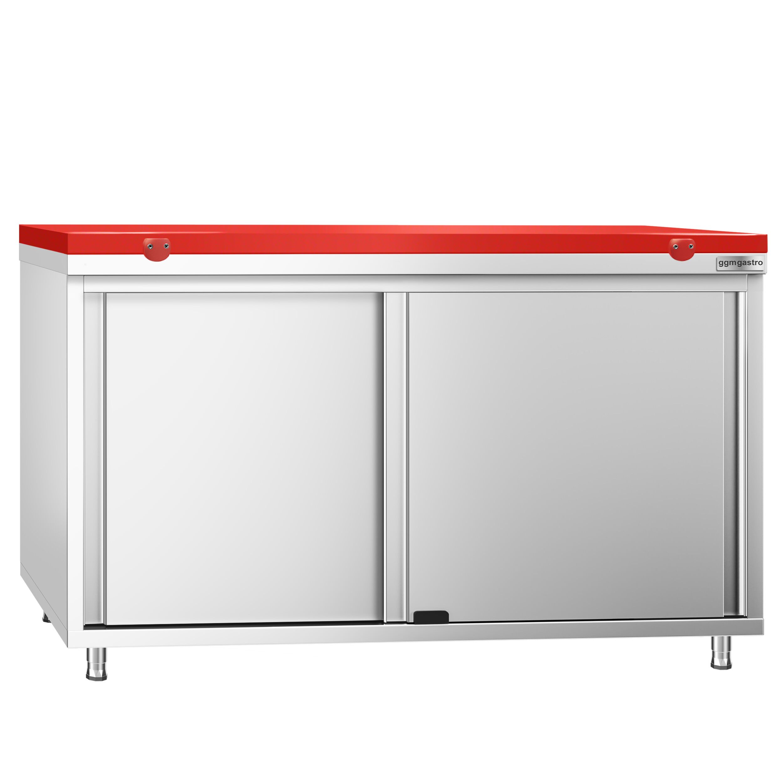 Table armoire en acier inoxydable PREMIUM - 1400x600mm - avec portes coulissantes - pour viandes crues - incl. plateau de découpe Rouge PEHD (HACCP)
