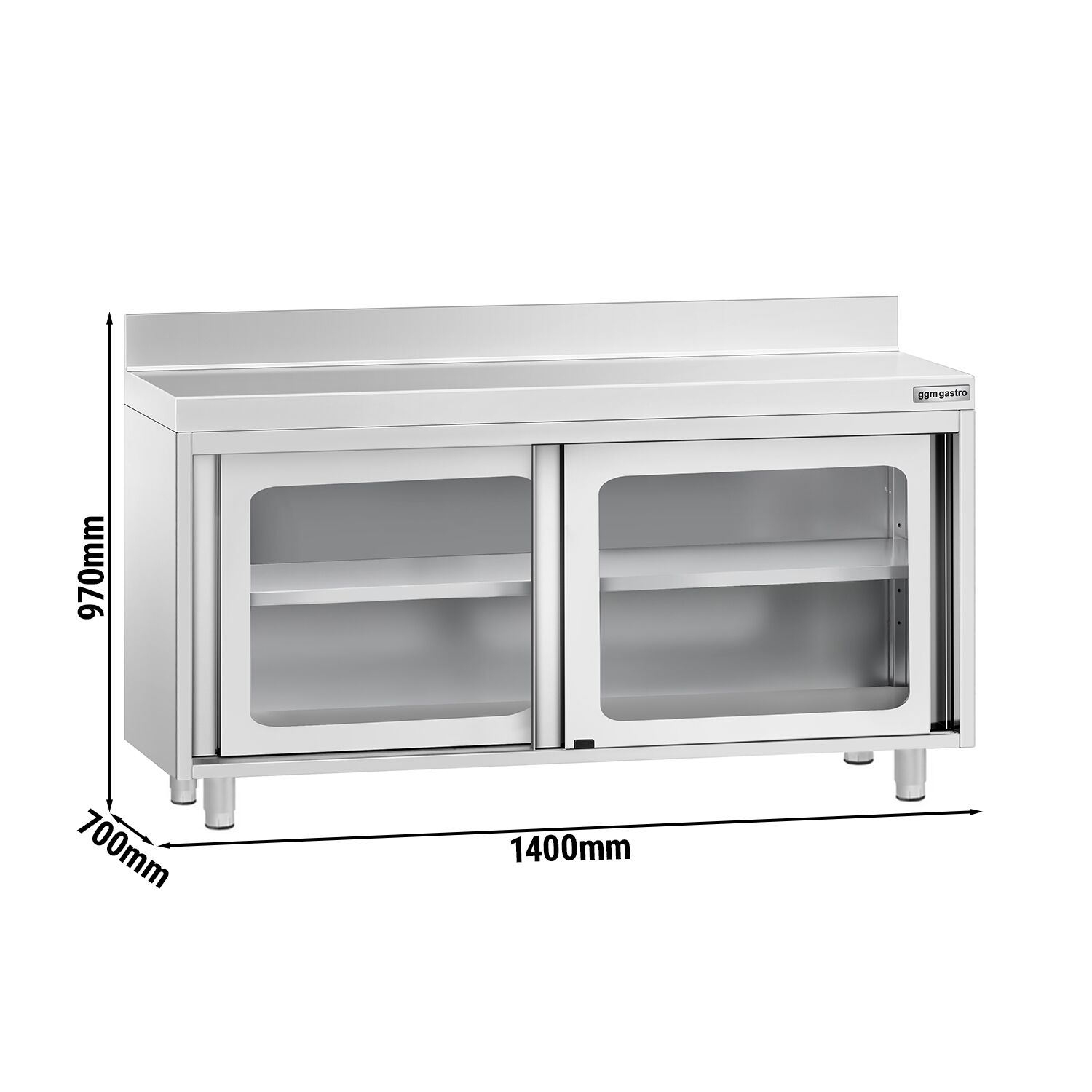 Table armoire en acier inoxydable PREMIUM - 1400x700mm - avec portes coulissantes vitrées - avec dosseret