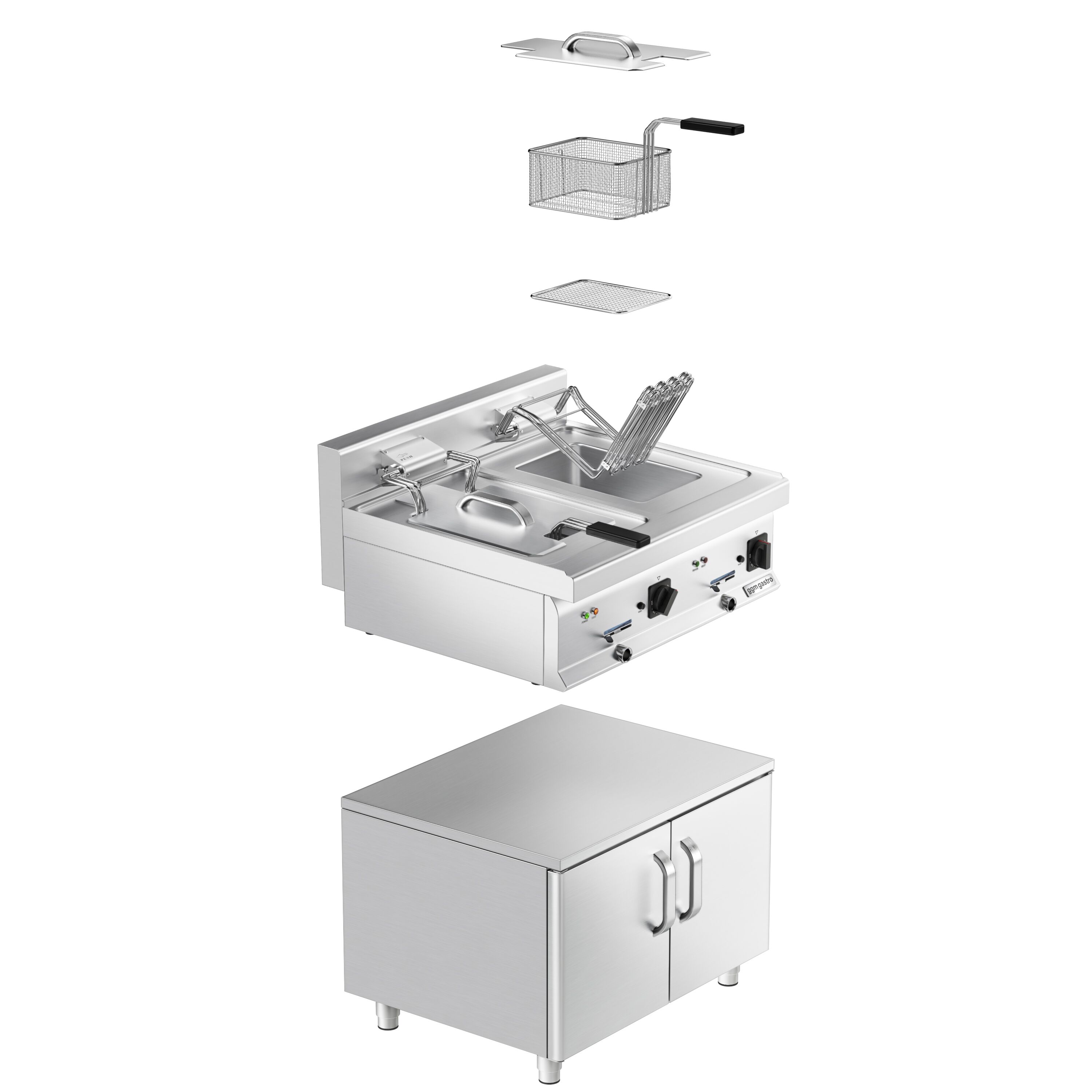 Friteuse électrique double – 10+10 litres – 18 kW – incl. soubassement avec 2 portes