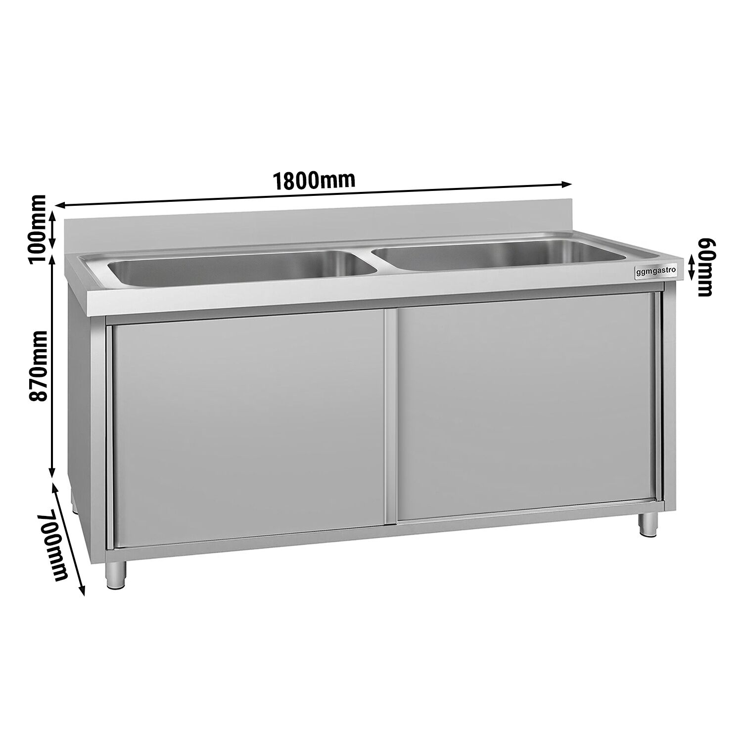 ECO pot washing cabinet - 1800x700mm - with 2 basins