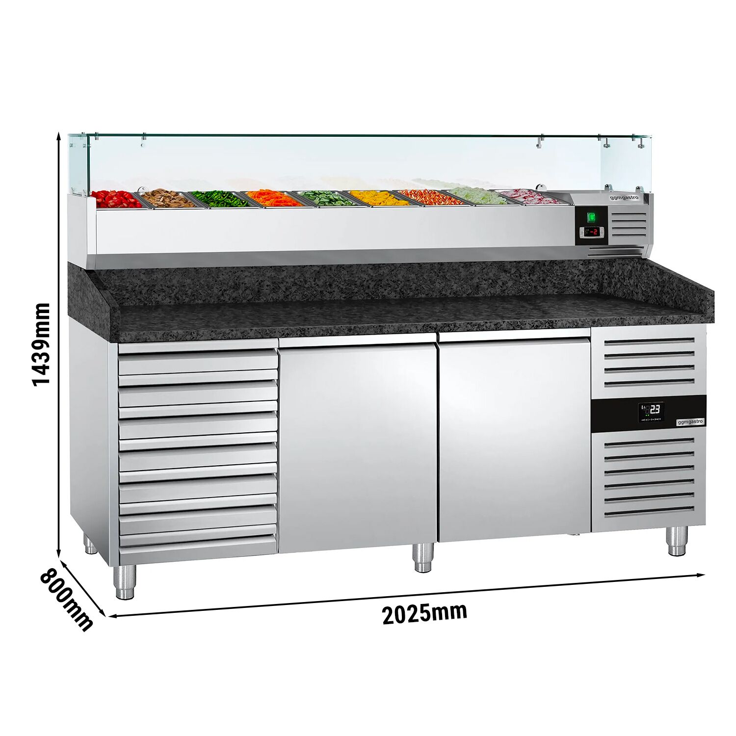 Table réfrigérée à pizza PREMIUM - 2000 x 800 mm - avec 2 portes et 7 tiroirs - incl. vitrine réfrigérée - 9 x GN 1/3