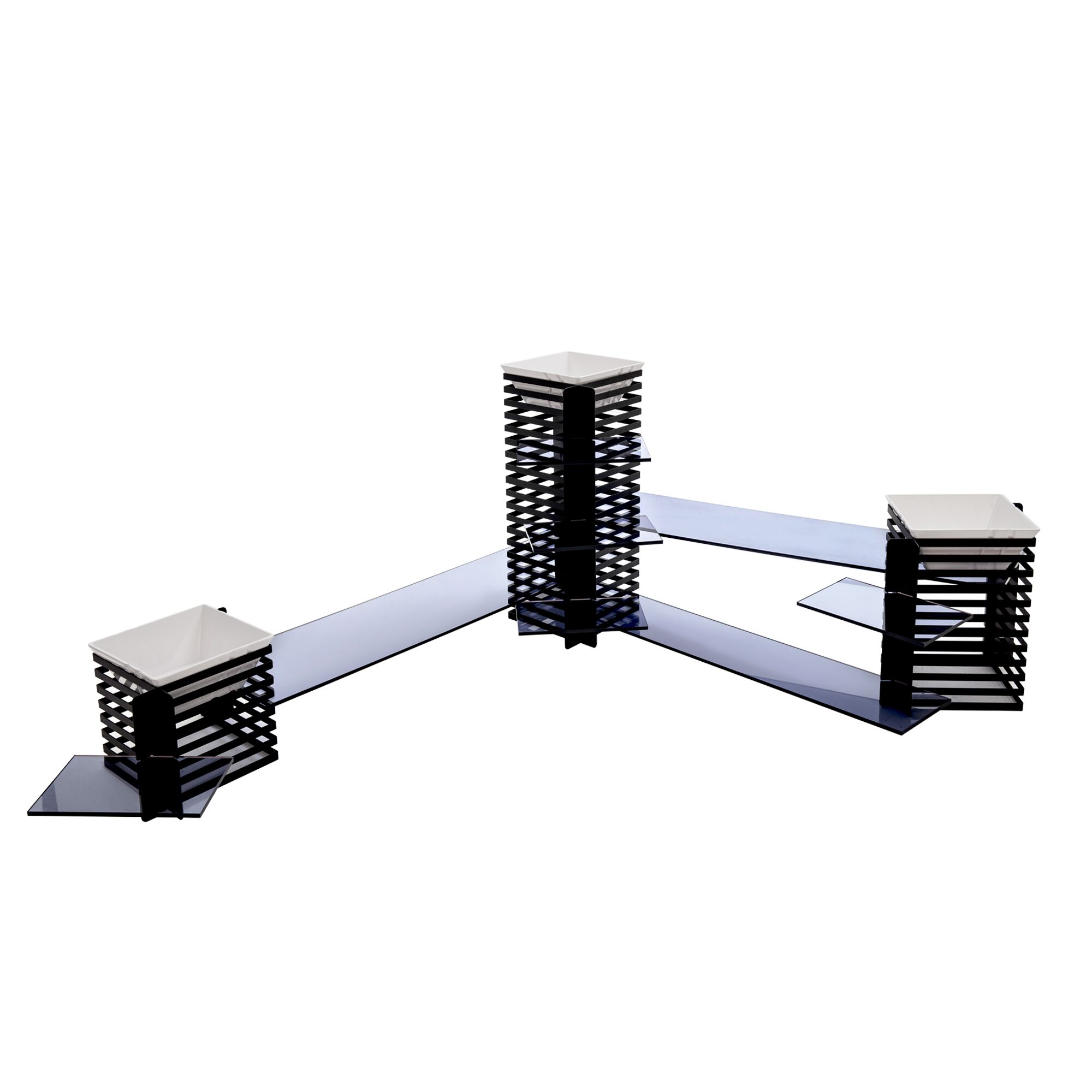 Stojak bufetowy - 3-poziomowy - stal nierdzewna i plexiglas - Wys.: 600mm - Kwadratowy - Czarny - w zestawie 3 miski melaminowe