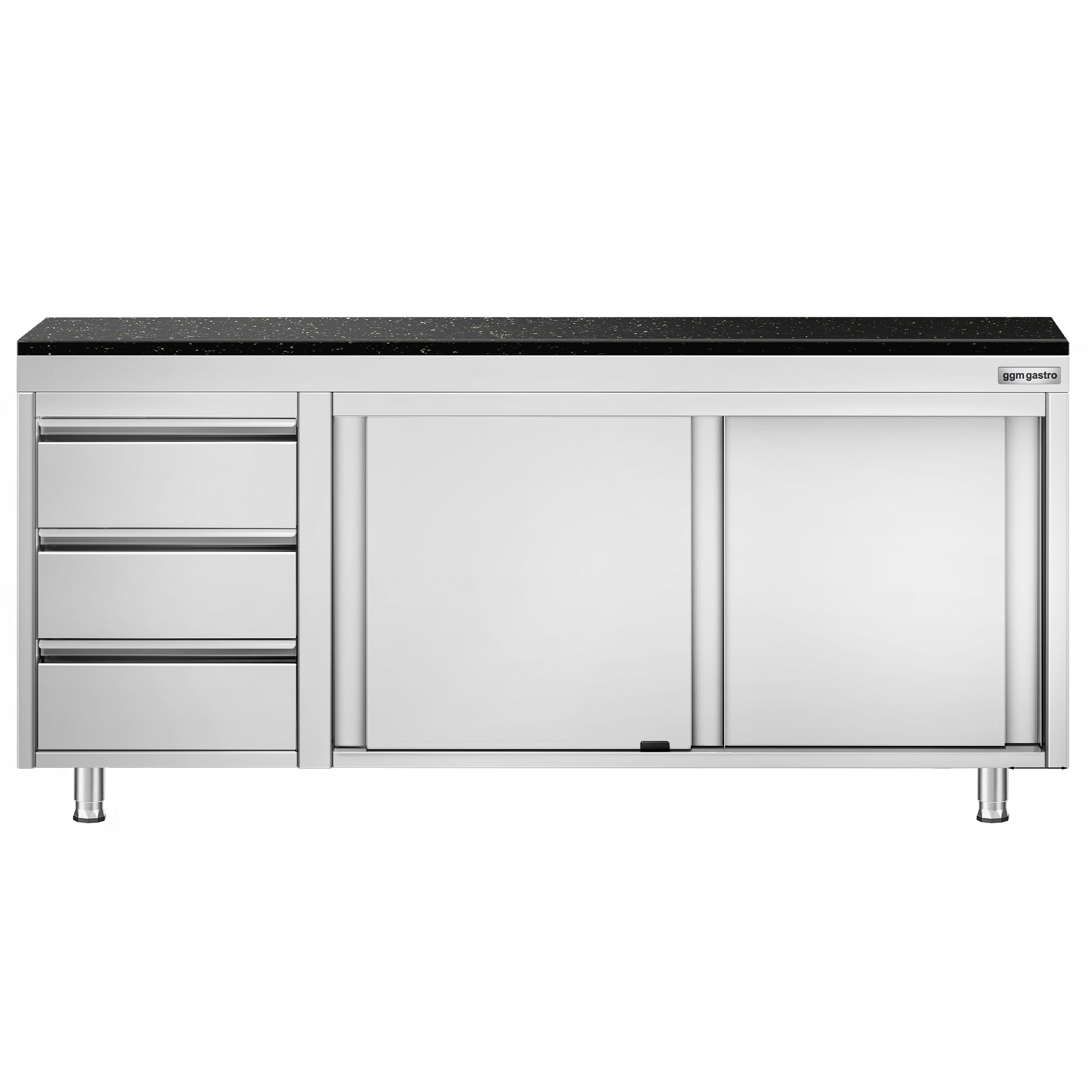 Roestvrijstalen werkkast PREMIUM - 2000 x 600 mm - met 3 lades links - incl. granieten werkblad