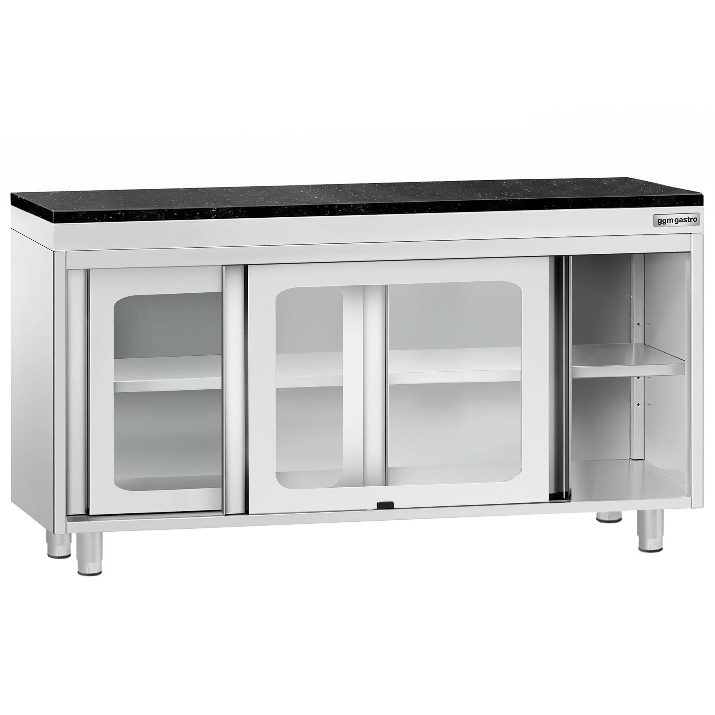 Edelstahl Arbeitsschrank PREMIUM - 1400x600mm - mit Glasschiebetür - inkl. Granitarbeitsplatte