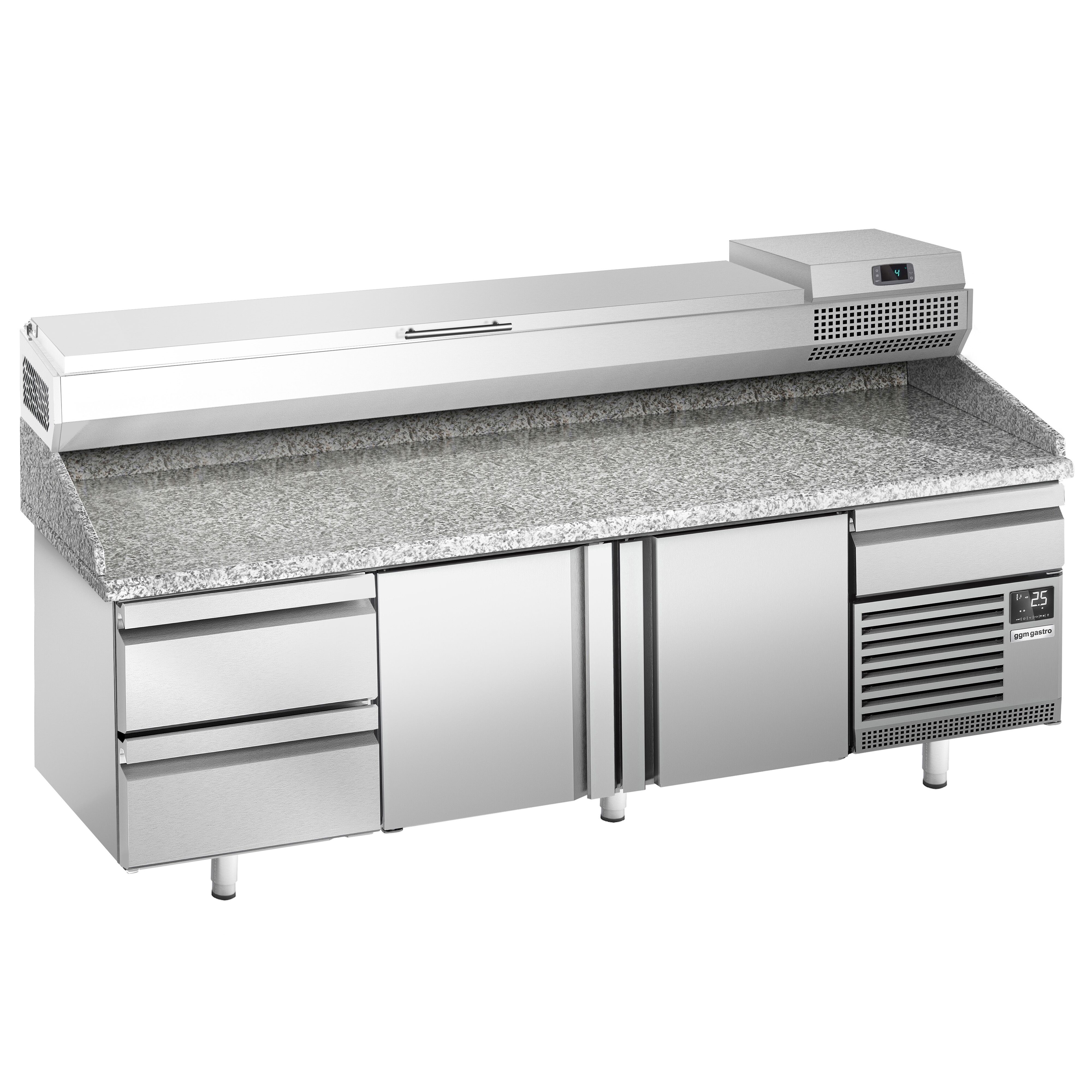 Table réfrigérée à pizza Premium PLUS - 2305x800 mm - avec 2 portes & 3 tiroirs - incl. vitrine réfrigérée pour ingrédients - 11 bacs GN 1/4