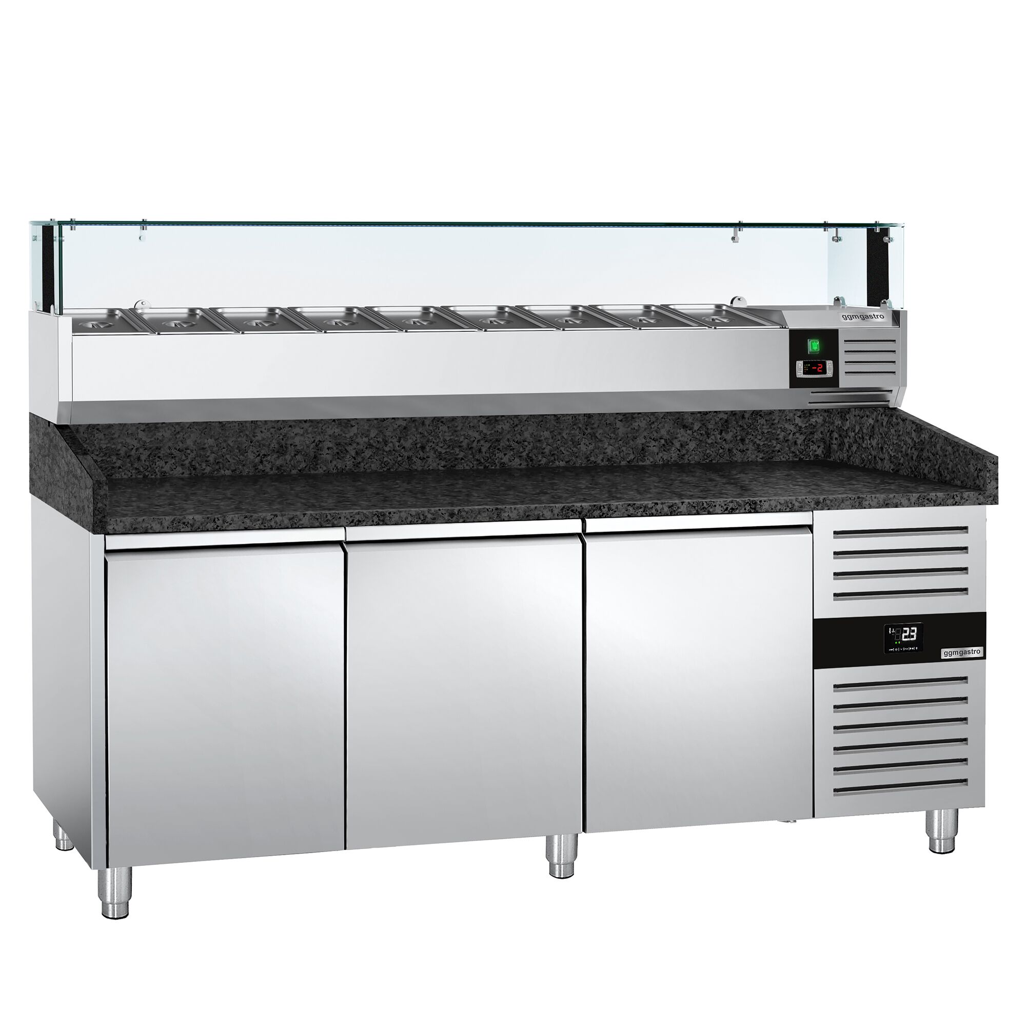 Table réfrigérée à pizza PREMIUM - 2000 x 800 mm - avec 3 portes - incl. vitrine réfrigérée LED - 9 x GN 1/3