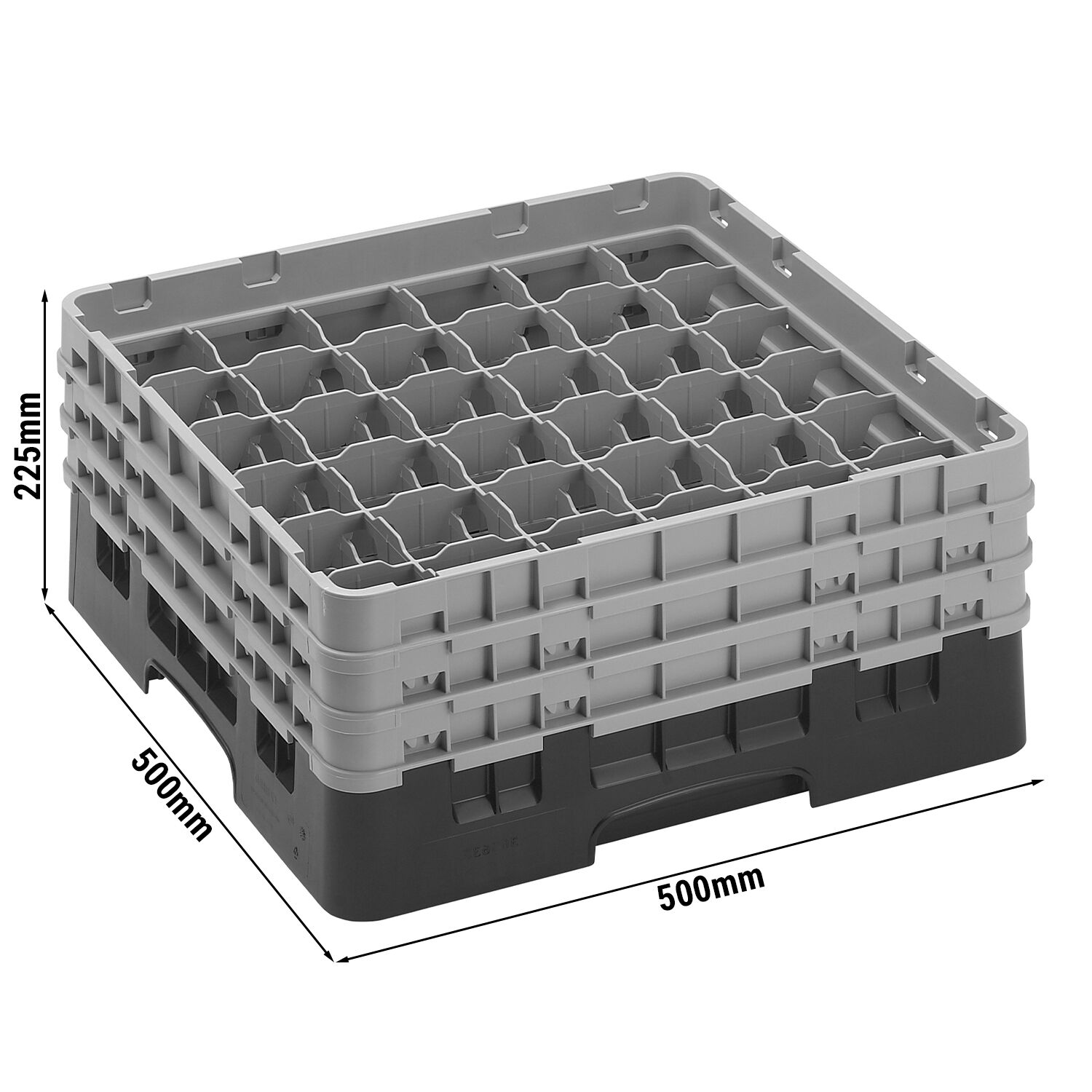CAMBRO | CAMRACK® Glasswasher Rack – 36 Compartments – 500×500 mm – Black – 1 Extender – 225 mm high
