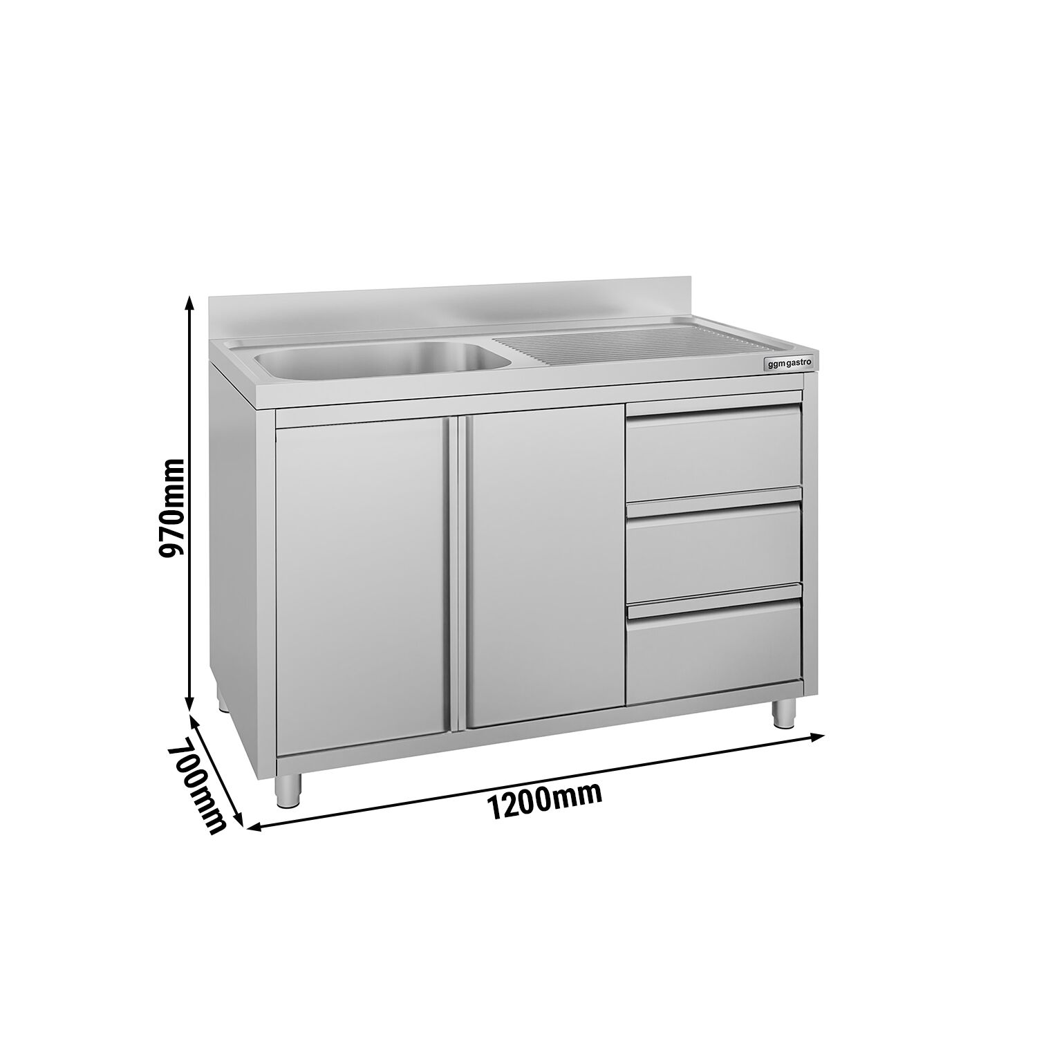 Meuble évier ECO - 1200 x 700 mm - 3 tiroirs - & 1 bac à gauche