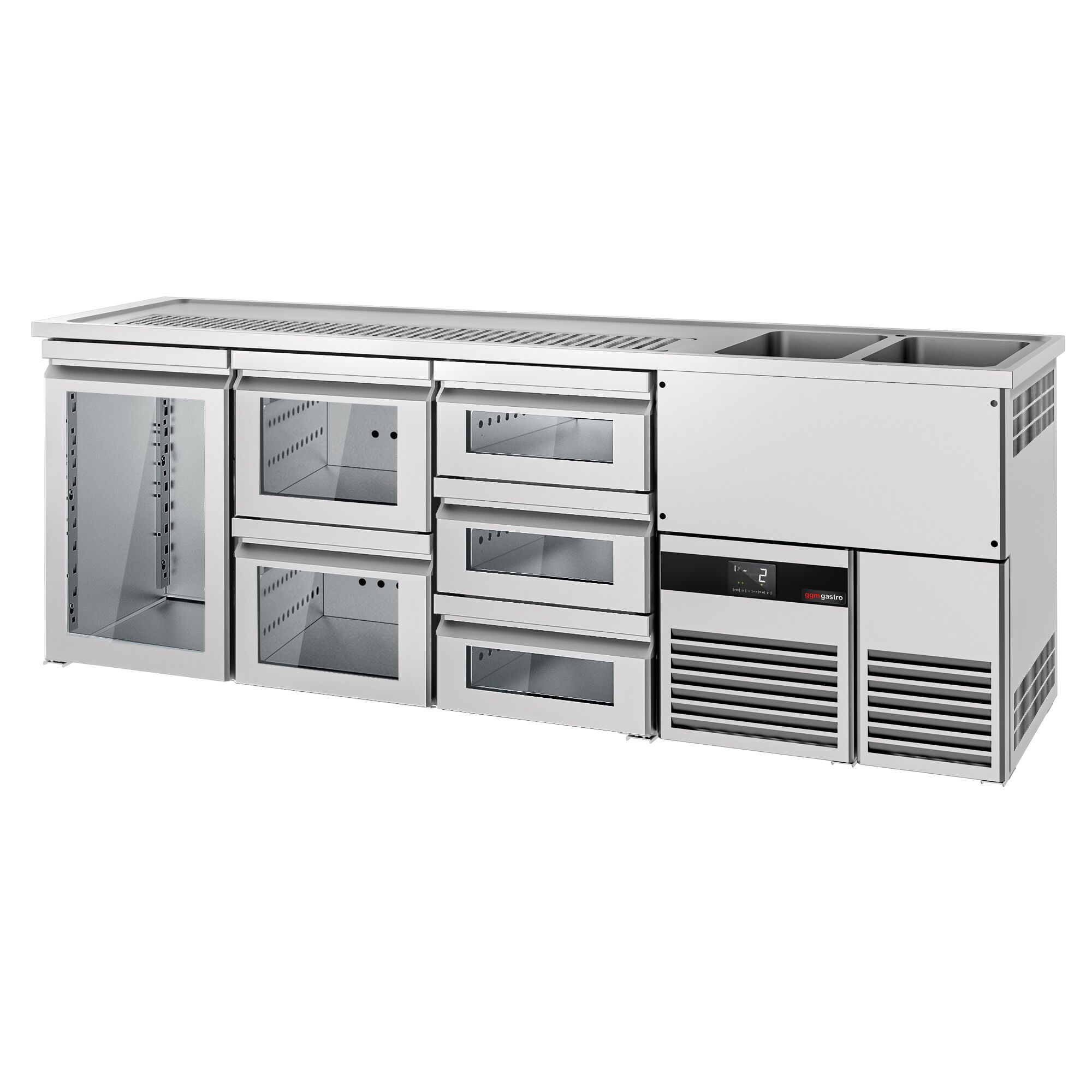 Comptoir de bar réfrigéré PREMIUM - 2500x700mm - 1 porte vitrée & 5 tiroirs en verre