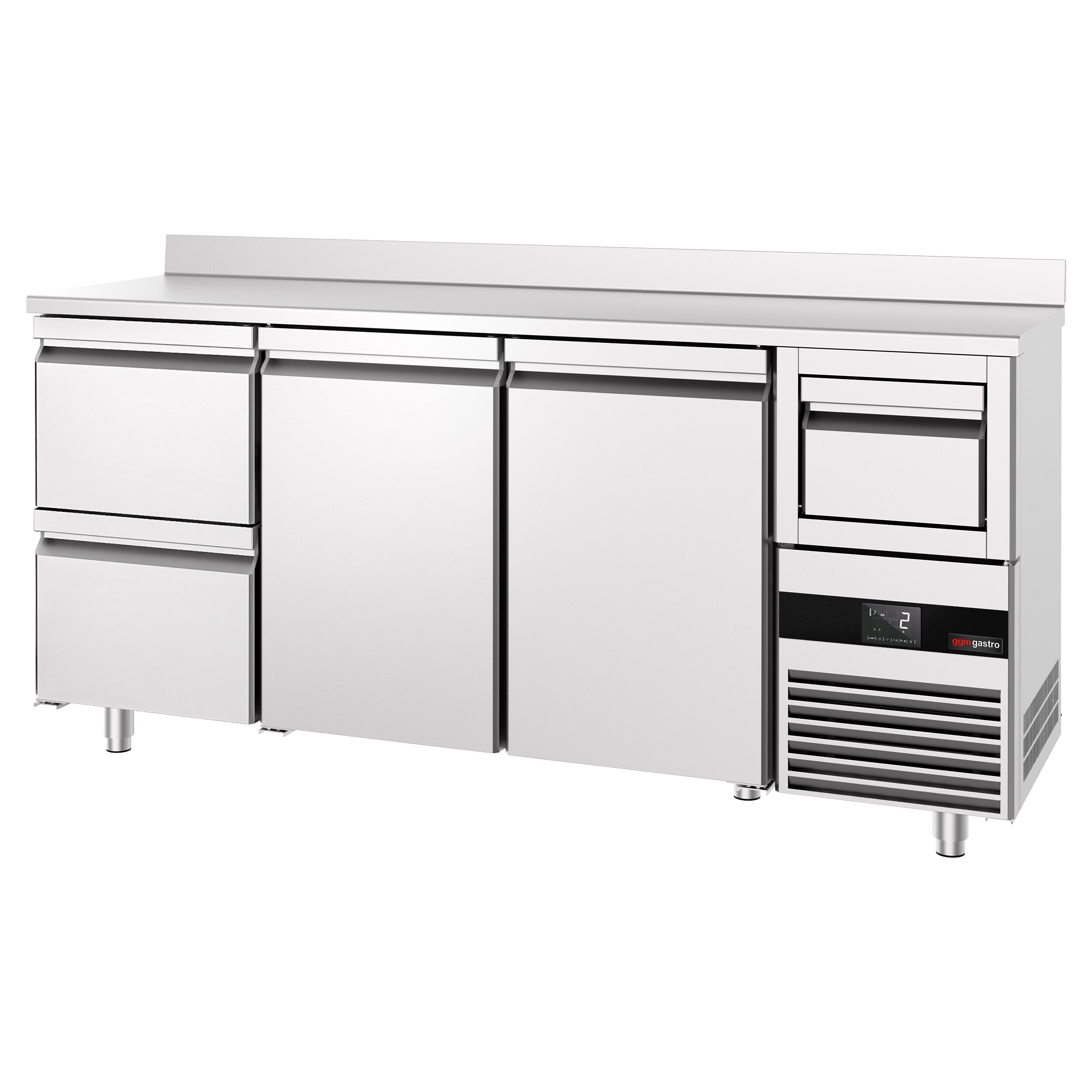 Arrière-bar réfrigéré professionnel  PREMIUM - 2130 x 600 mm - avec 2 portes et 2 tiroirs - avec dosseret - avec tiroir à marc de café