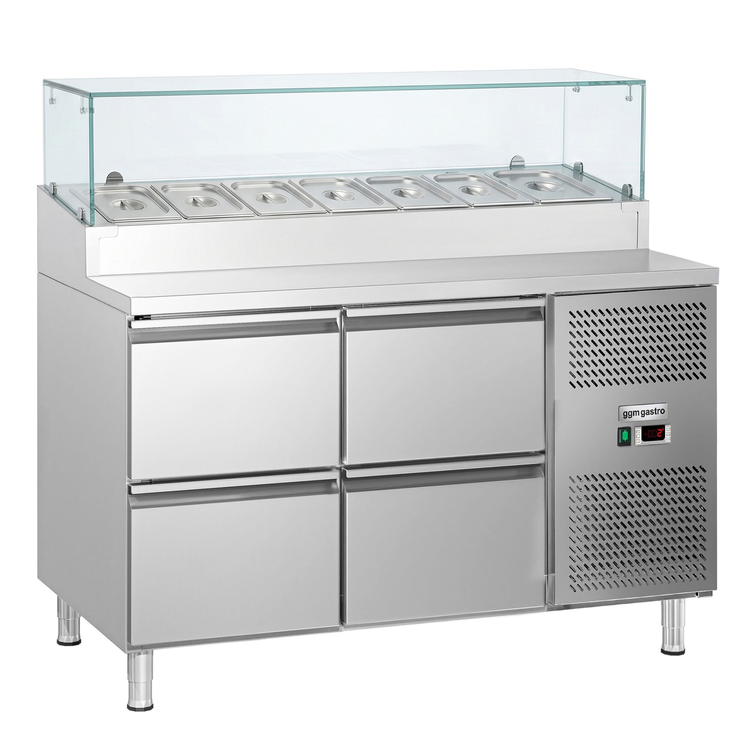 Zubereitungstisch ECO - 1360mm - 4 Schubladen - mit Glasaufsatz - für 7x GN 1/3