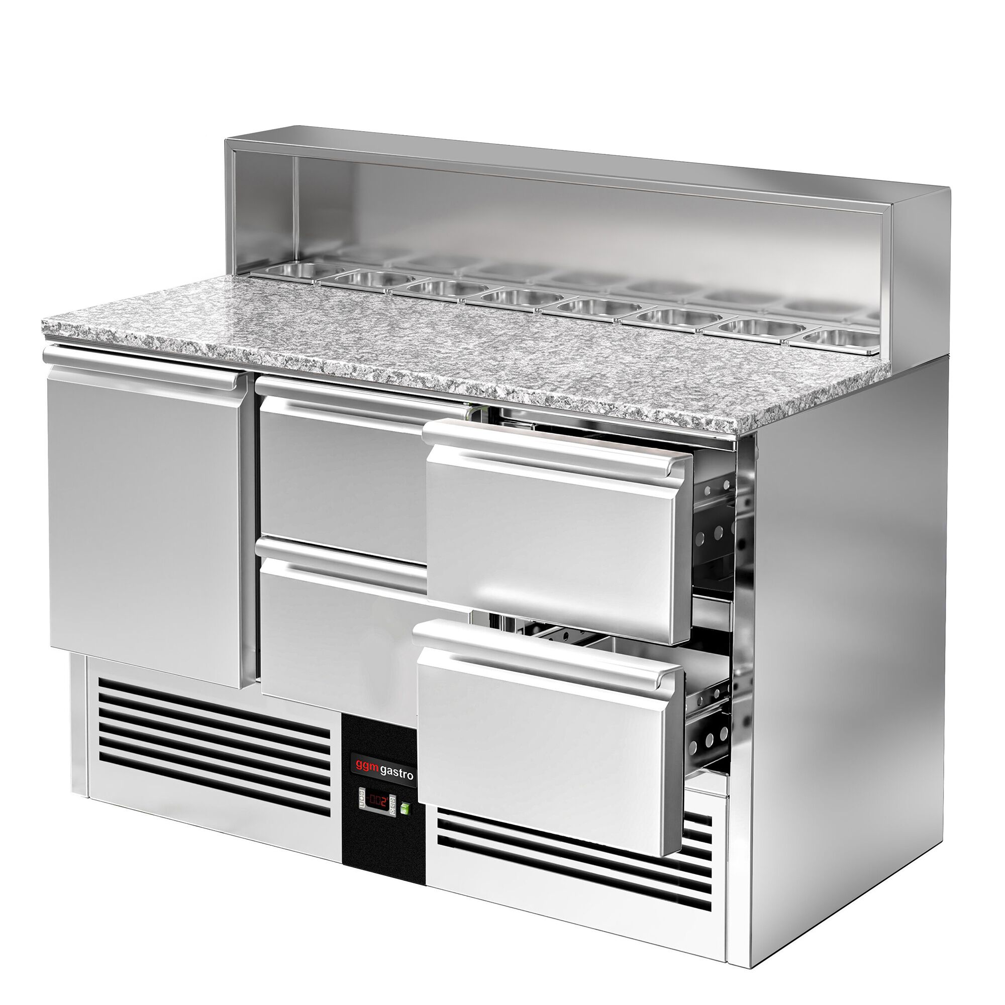 Saladette réfrigérée PREMIUM - 1368mm - 402L - 1 porte & 4 tiroirs - plan de travail en granit noir