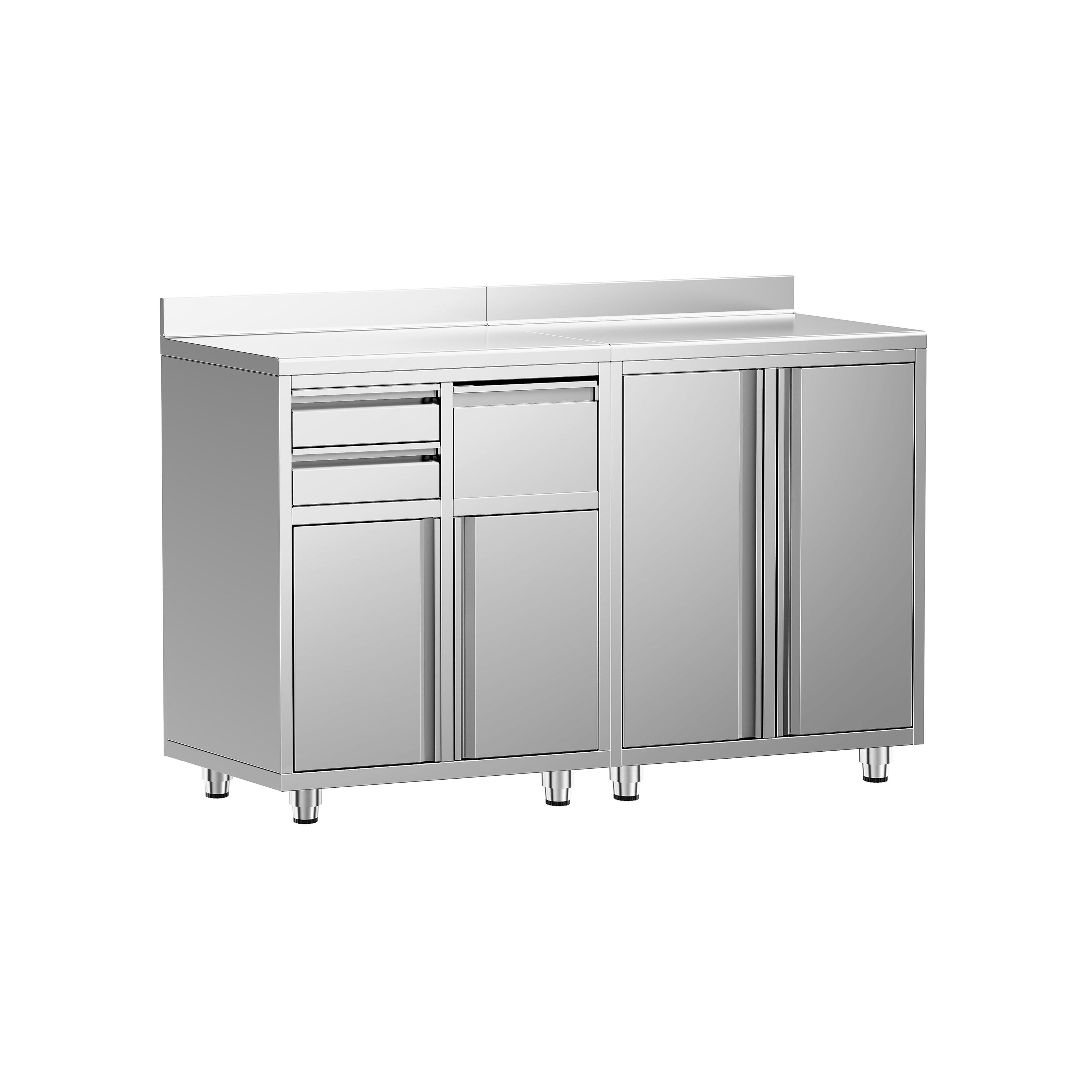 Table armoire en acier inoxydable - 1600x600mm - avec portes battantes et 2 tiroirs - avec dosseret - pour machine à café (cafetière à filtre)