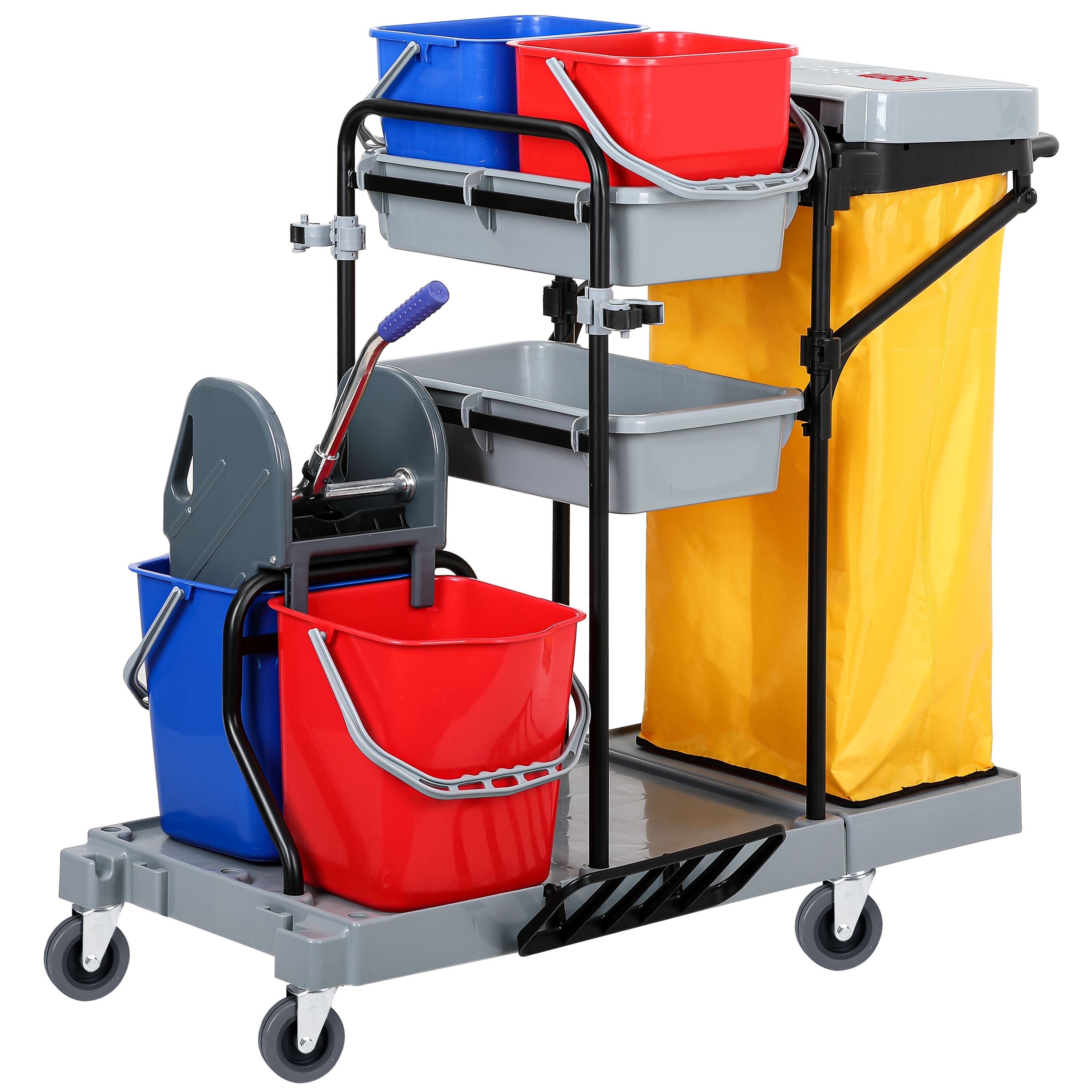 Chariot de nettoyage - avec 4 seaux, presse à mop & sac à linge - Gris