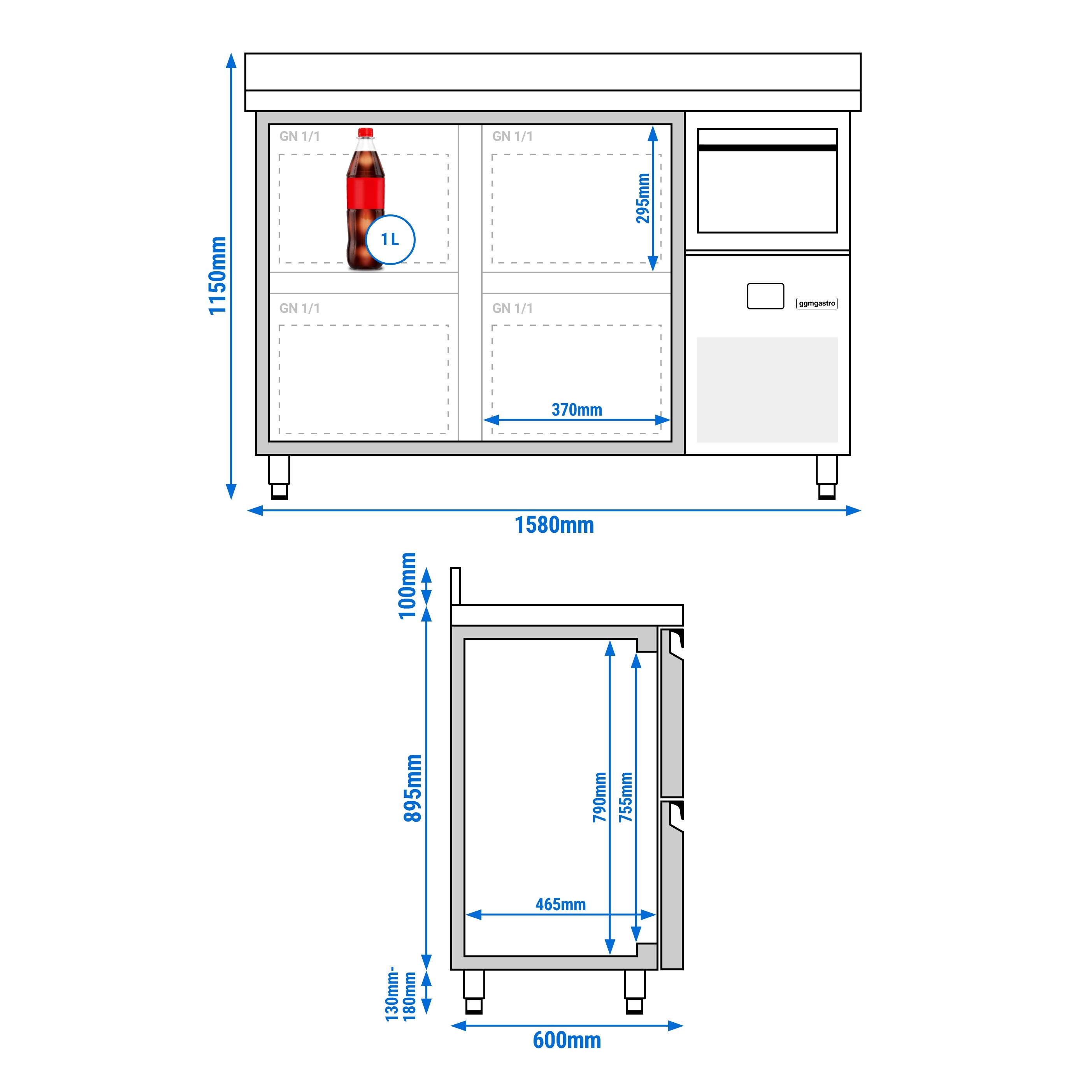 Arrière-bar réfrigéré professionnel  PREMIUM - 1580x600 mm - 4 tiroirs, dosseret & bac à marc pour café