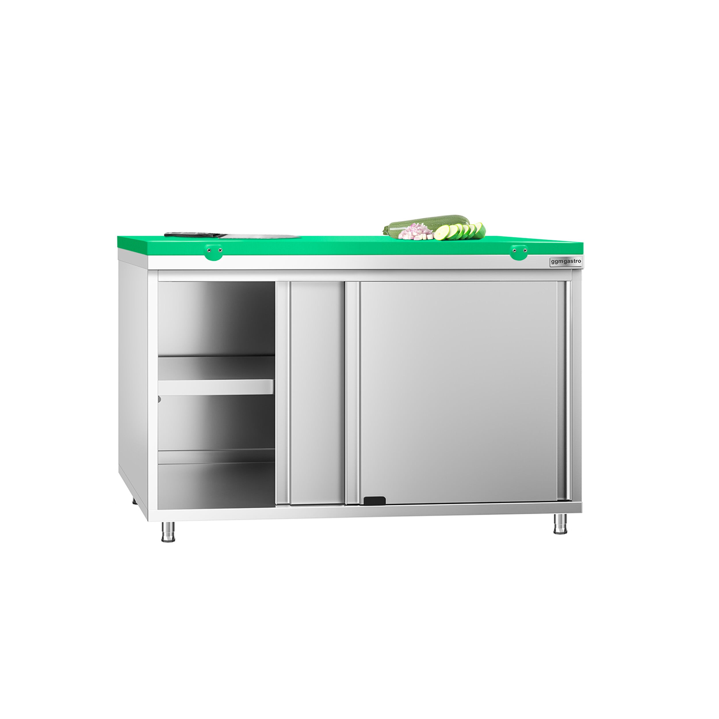 Table armoire en acier inoxydable PREMIUM - 1200x700mm - avec portes coulissantes - pour fruits et légumes - incl. plateau de découpe Vert PEHD (HACCP)