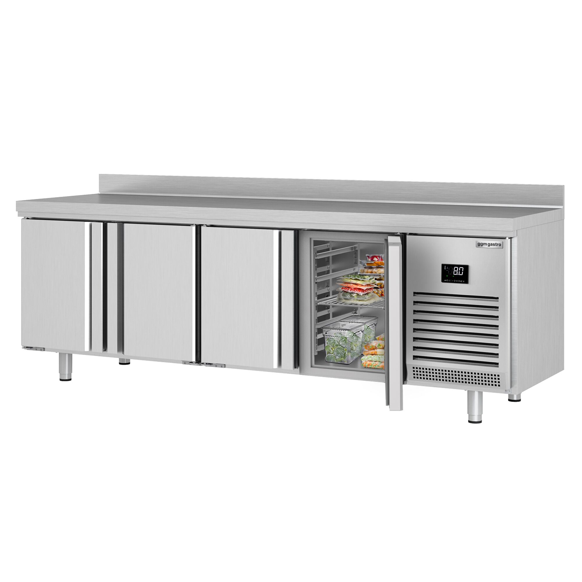 Tavolo refrigerato PREMIUM PLUS - 2452x700mm - Ventilata - 625 L - Alzatina - con 4 porte battenti