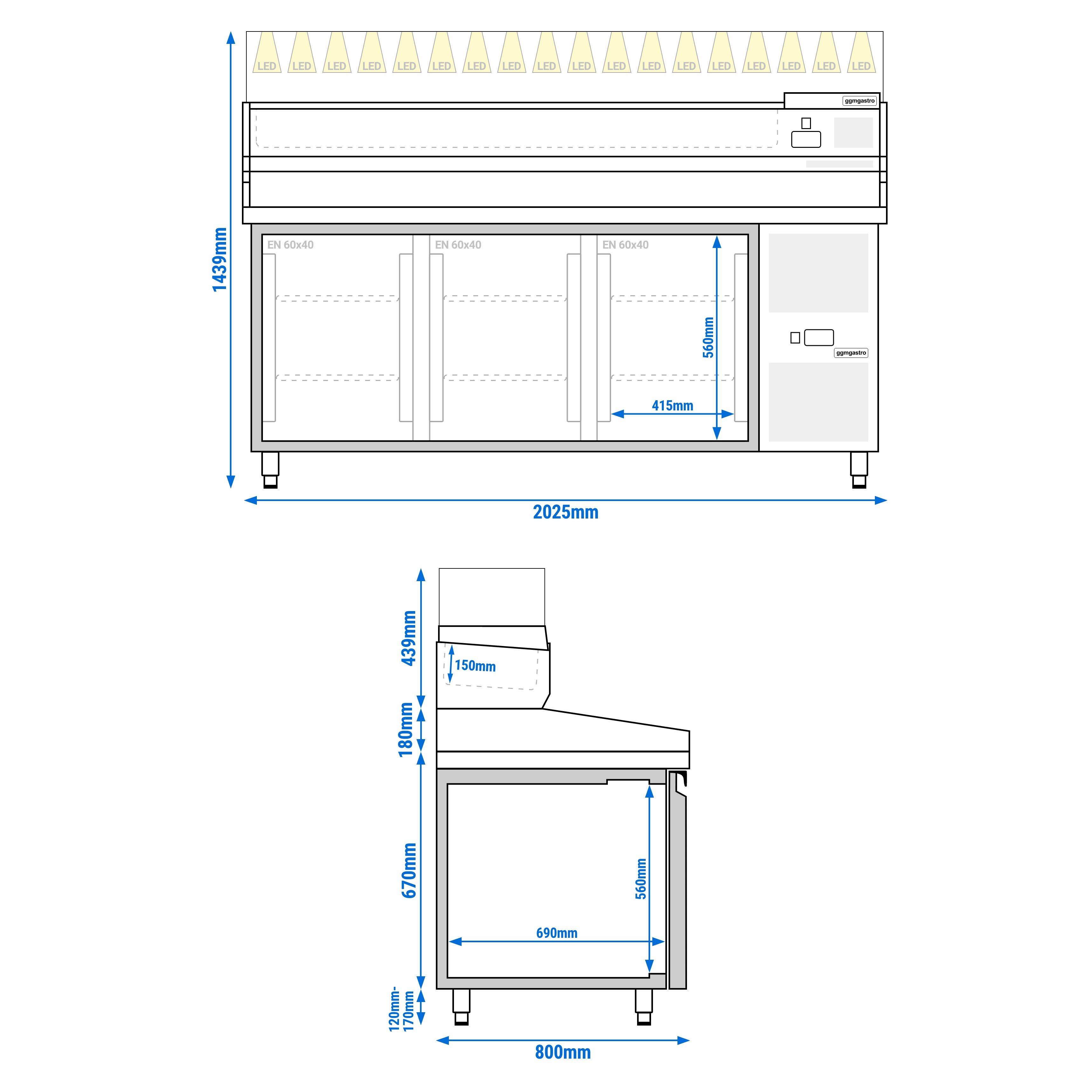 Table réfrigérée à pizza PREMIUM - 2000 x 800 mm - avec 3 portes - incl. vitrine réfrigérée LED - 9 x GN 1/3