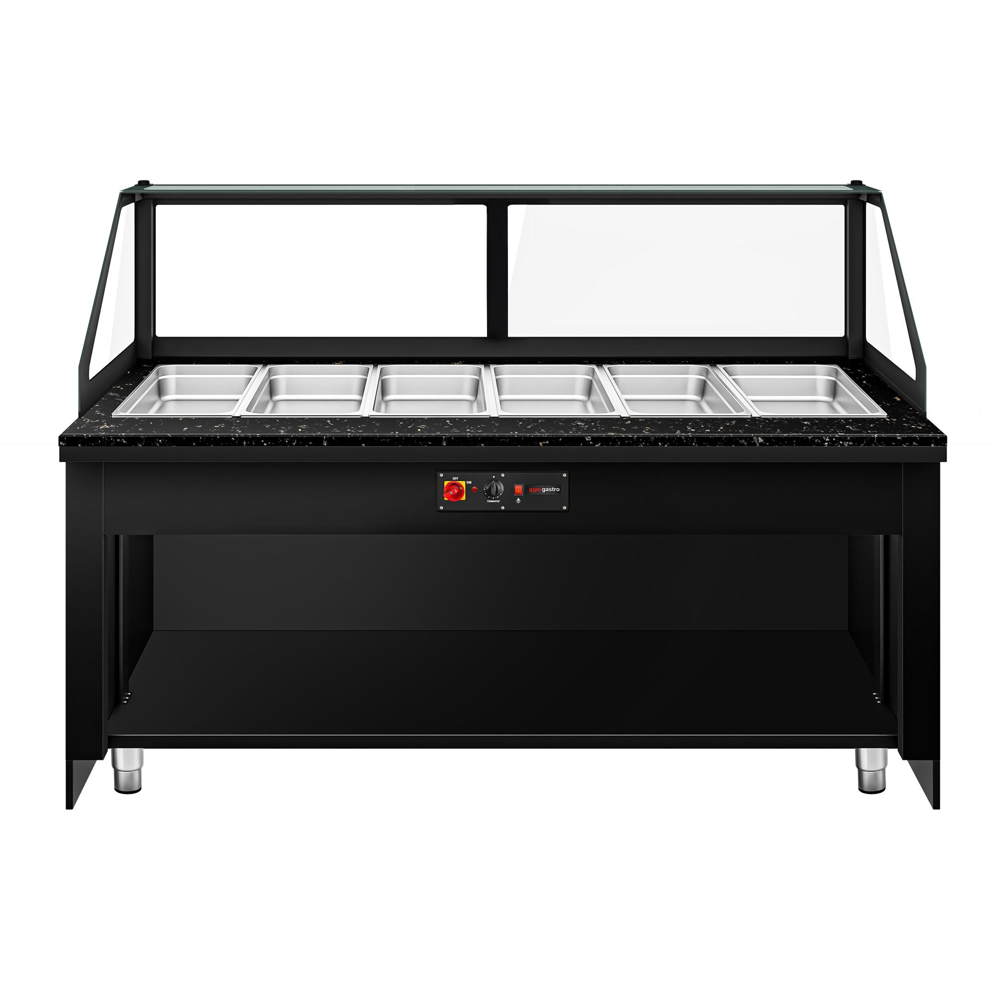 Vitrine chauffante TORONTO – 2100 mm – façade noire – pour 6 × GN 1/1 – plan de travail en granit noir