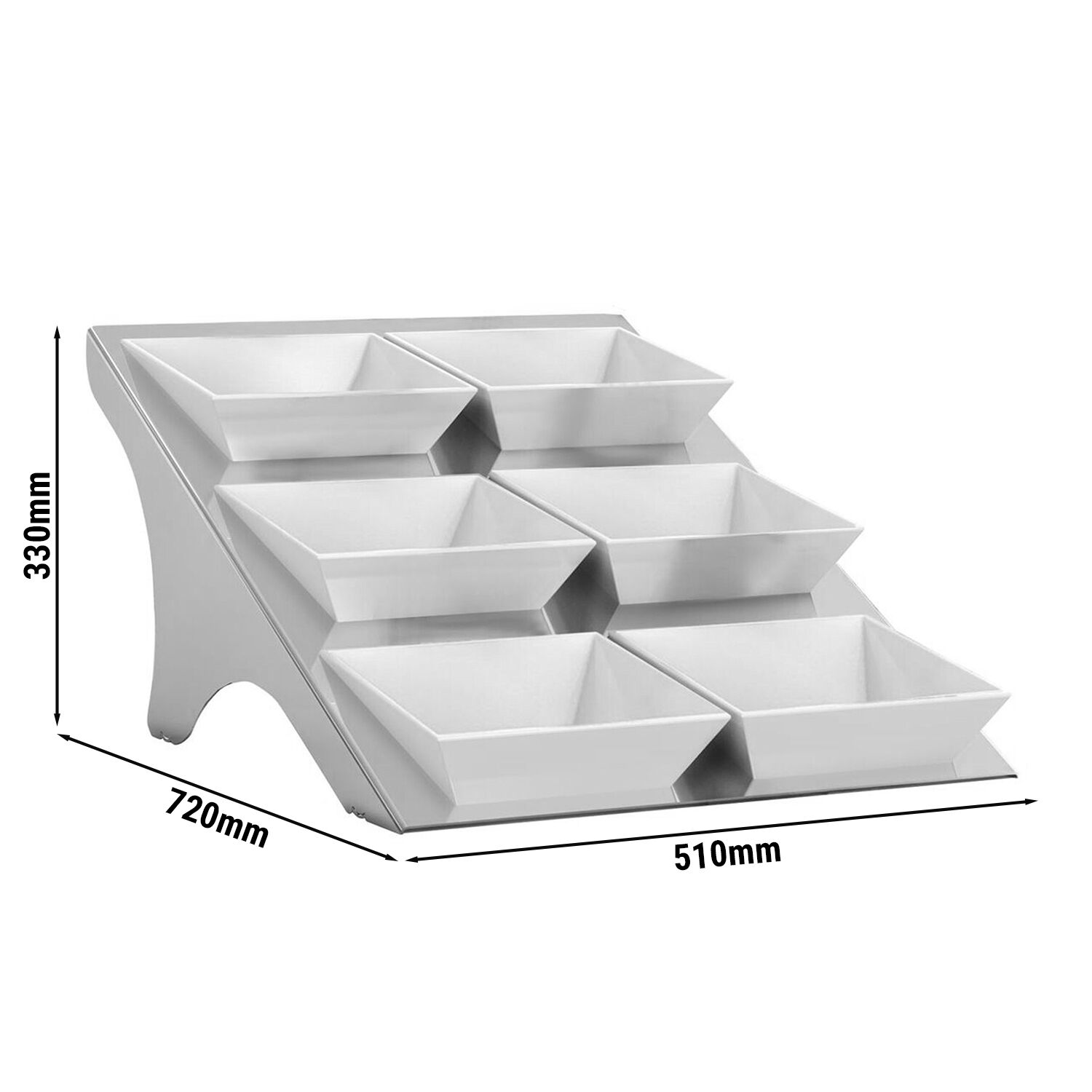 Présentoir buffet / étagère - chromé - incl. 6 bols en mélamine - rectangulaires