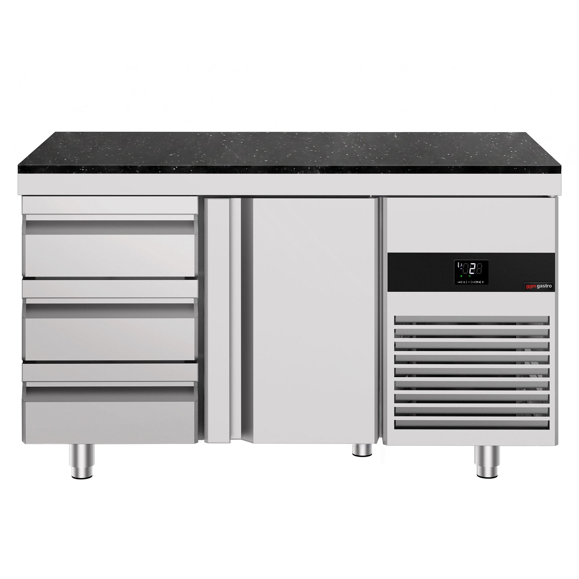 PREMIUM Refrigerated Counter – 1400 × 700 mm – with 1 Door & 3 Drawers – incl. Granite Worktop
