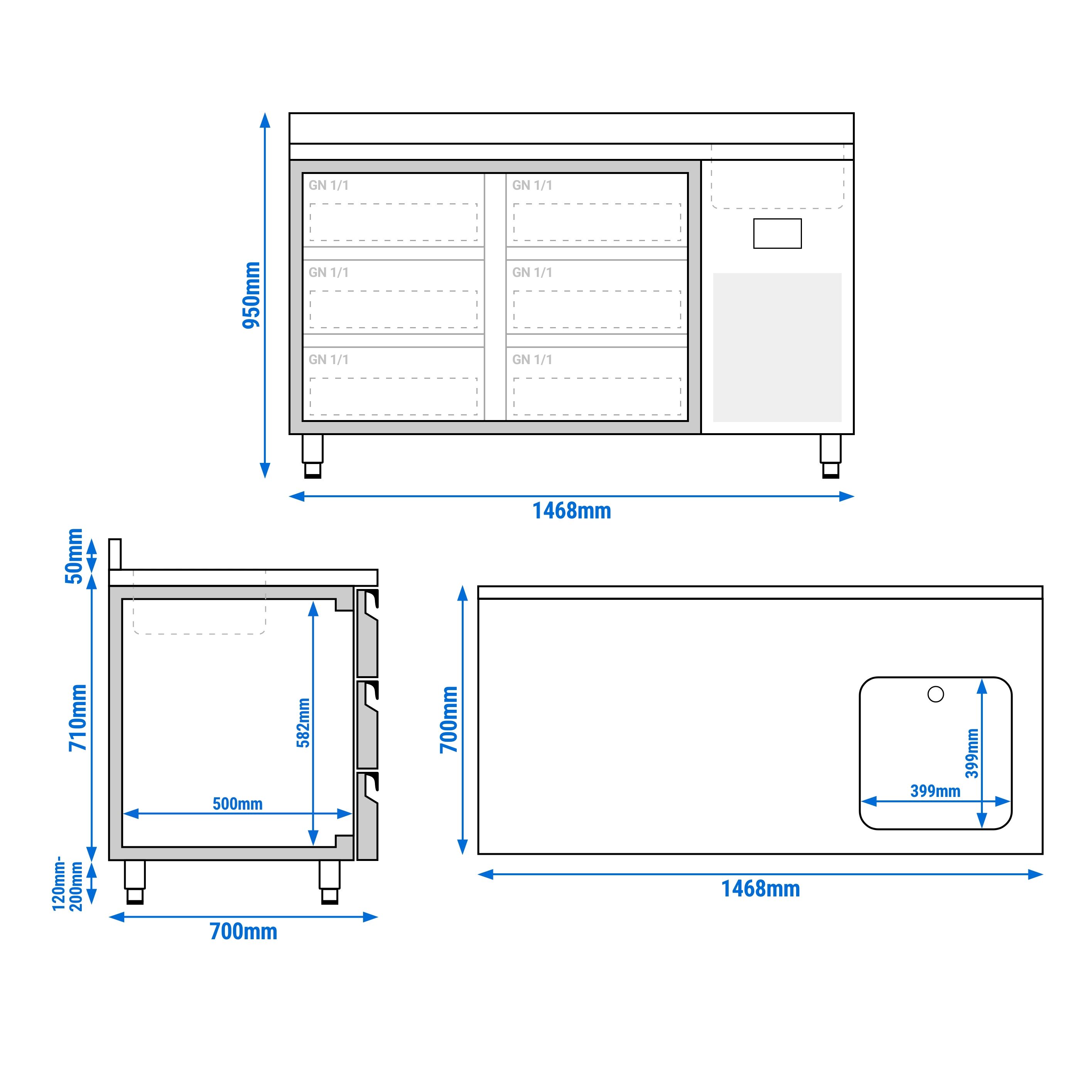 Table réfrigérée Premium PLUS - 1468 x 700 mm - avec 1 bac, 6 tiroirs - dosseret