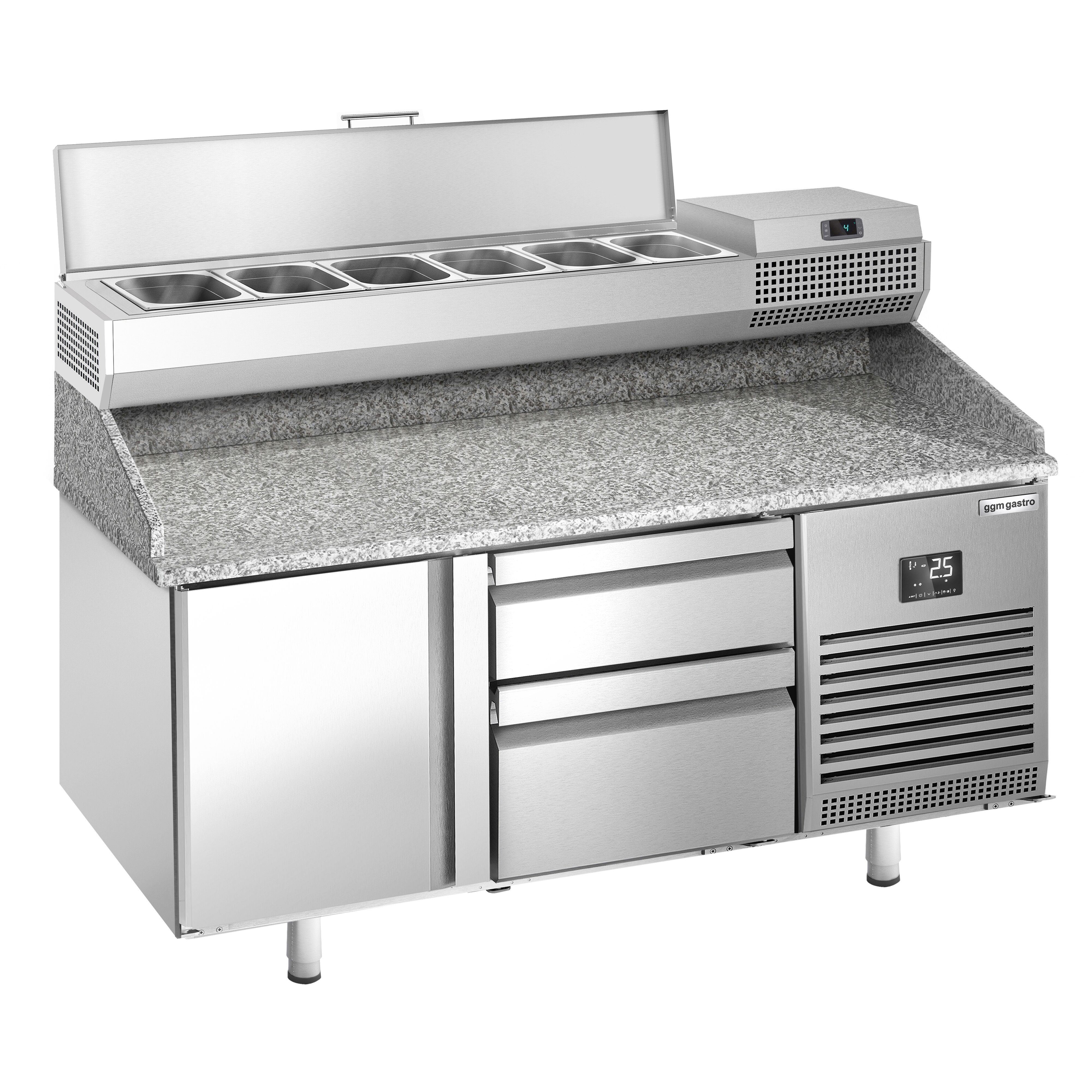 Table réfrigérée à pizza Premium PLUS - 1490x700 mm - avec 1 porte & 2 tiroirs - incl. vitrine réfrigérée - 6x GN 1/4