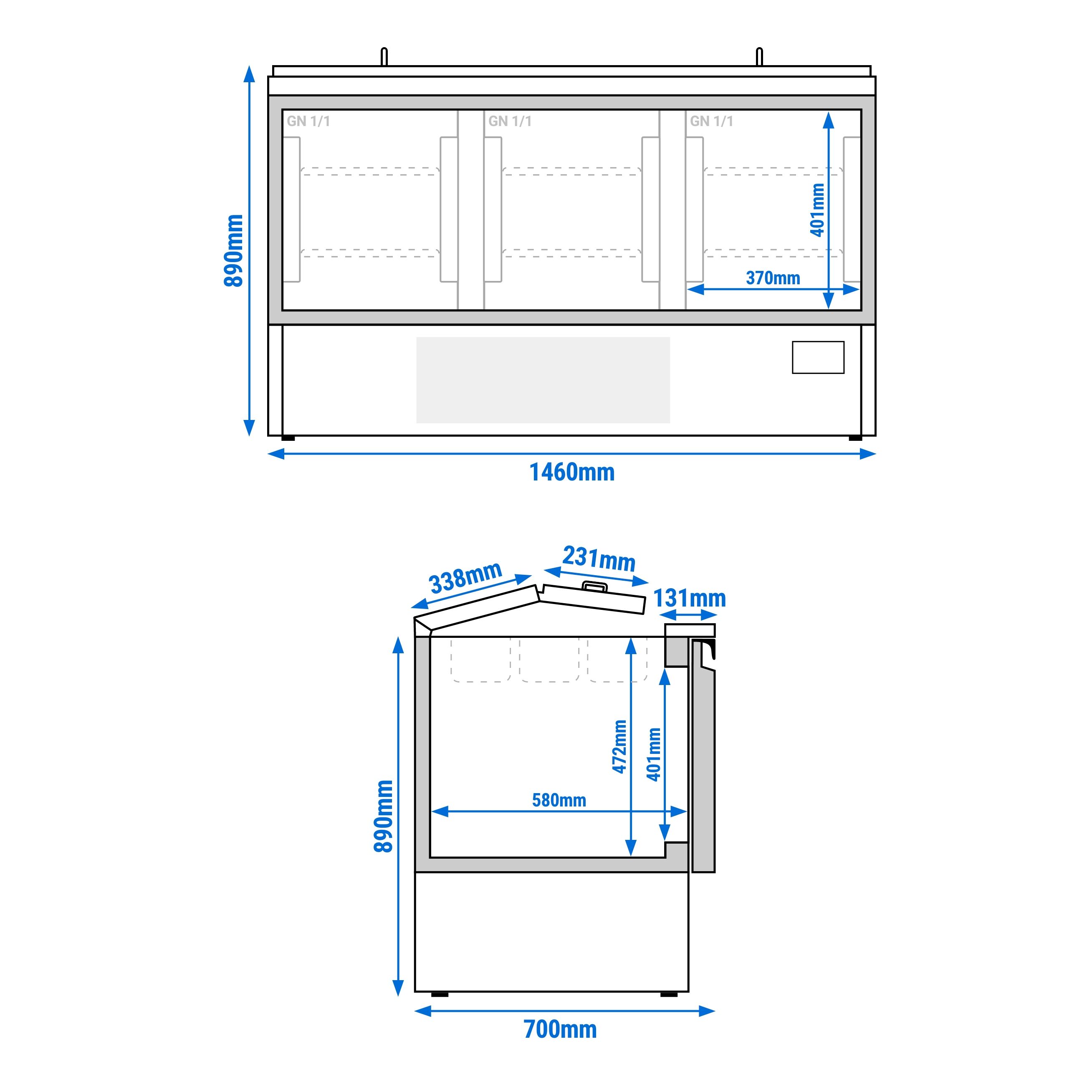Saladette réfrigérée PREMIUM PLUS - 1460mm - 335L - 3 portes - avec découpe pour 9x GN 1/3 & Couvercle inox & 6x GN 1/6