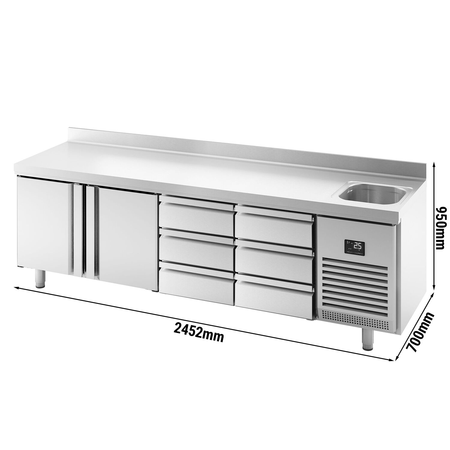 Table réfrigérée Premium PLUS - 2452 x 700 mm - avec 1 bac, 2 portes, 6 tiroirs - dosseret