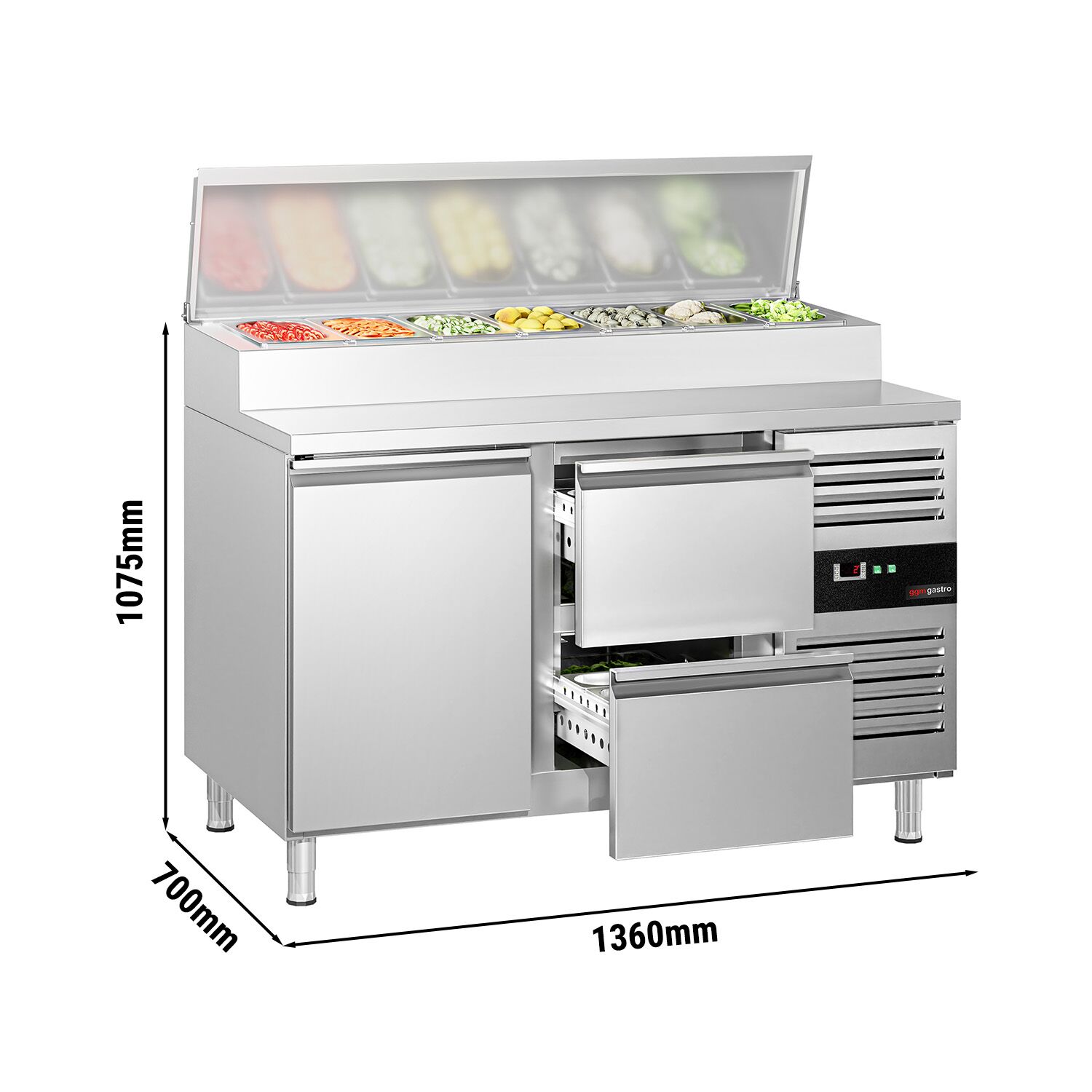 Table de préparation PREMIUM – 1360 mm – 1 porte & 2 tiroirs – pour 7 bacs GN 1/3
