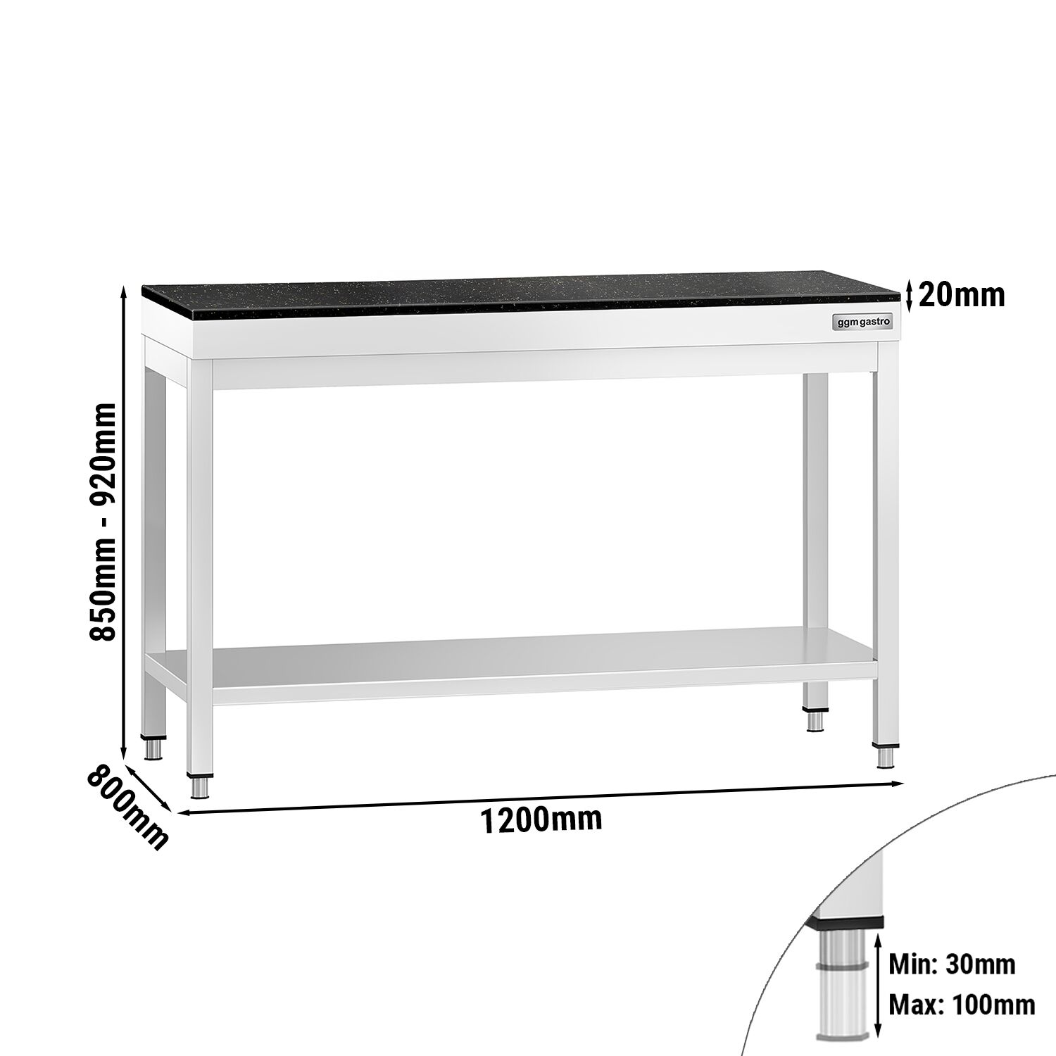 Table de travail inox PREMIUM - 1200 x 800 mm - avec tablette inférieure - incl. Plan de travail en Granit
