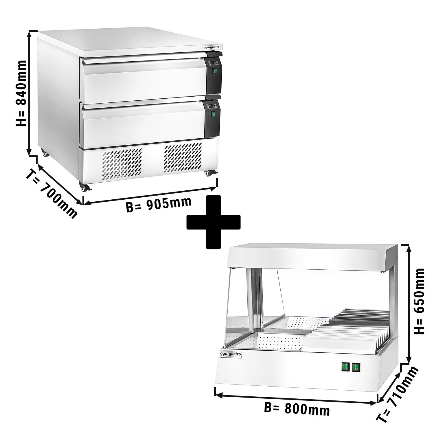 Combinaison soubassement congélateur/réfrigéré - 900 mm - 2 tiroirs - avec chauffe-frites inclus
