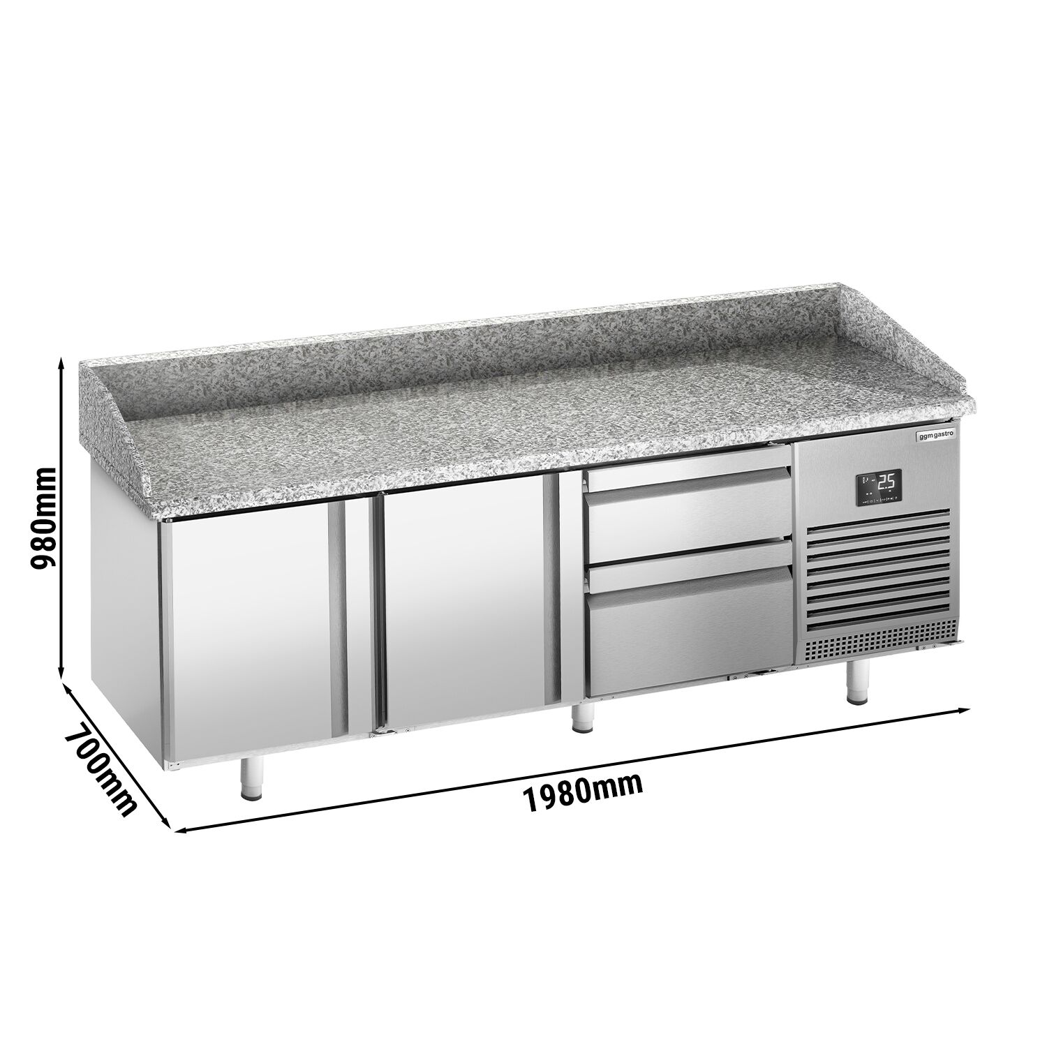 Commercial Pizza Prep Counter - Granite Top PREMIUM PLUS - 1980x700mm - with 2 doors & 2 drawers