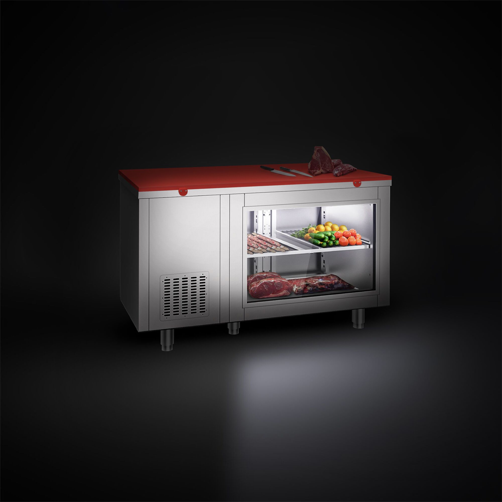 Refrigerated Counter – 1400 × 700 mm – Rear Side with 2 Doors – Glass Front – incl. Red Cutting Board