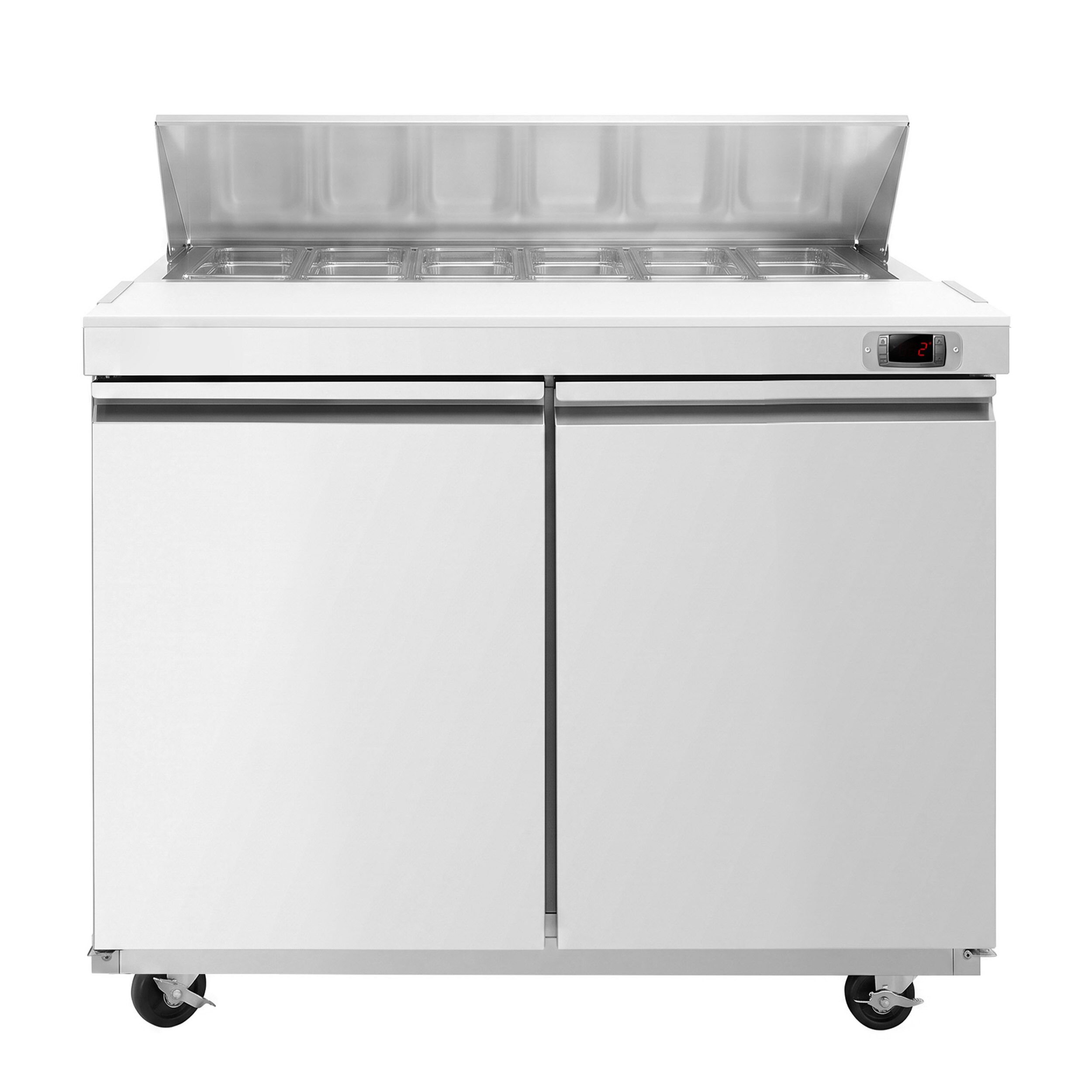 Commercial Saladette Counter American Style PREMIUM - 1230mm - 396L - 2 doors - open top for 12 x GN 1/6 - incl. 12x GN 1/6 pans