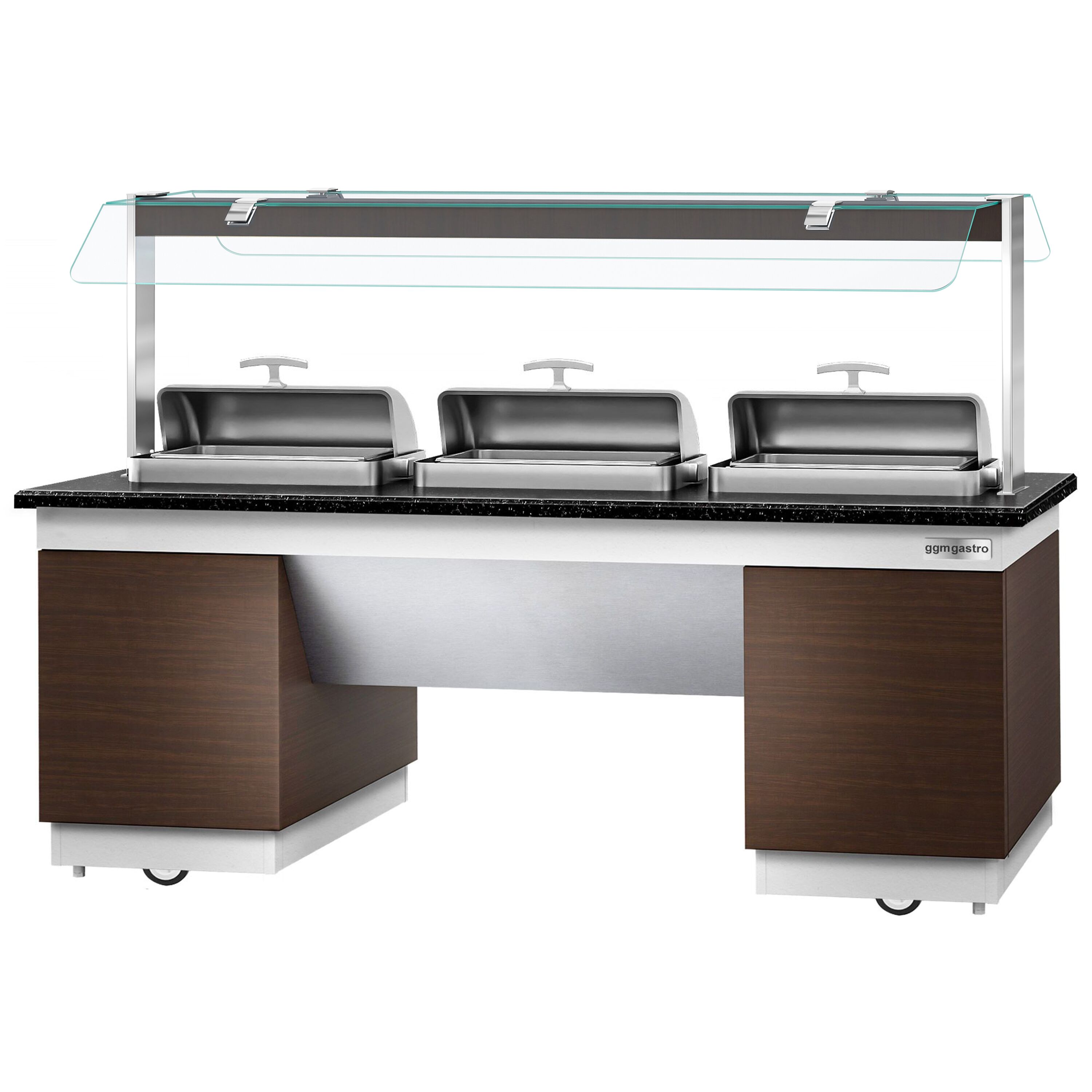 Buffet chaud DUBLIN - 2300mm - avec 3 Chafing Dishes - sur roulettes