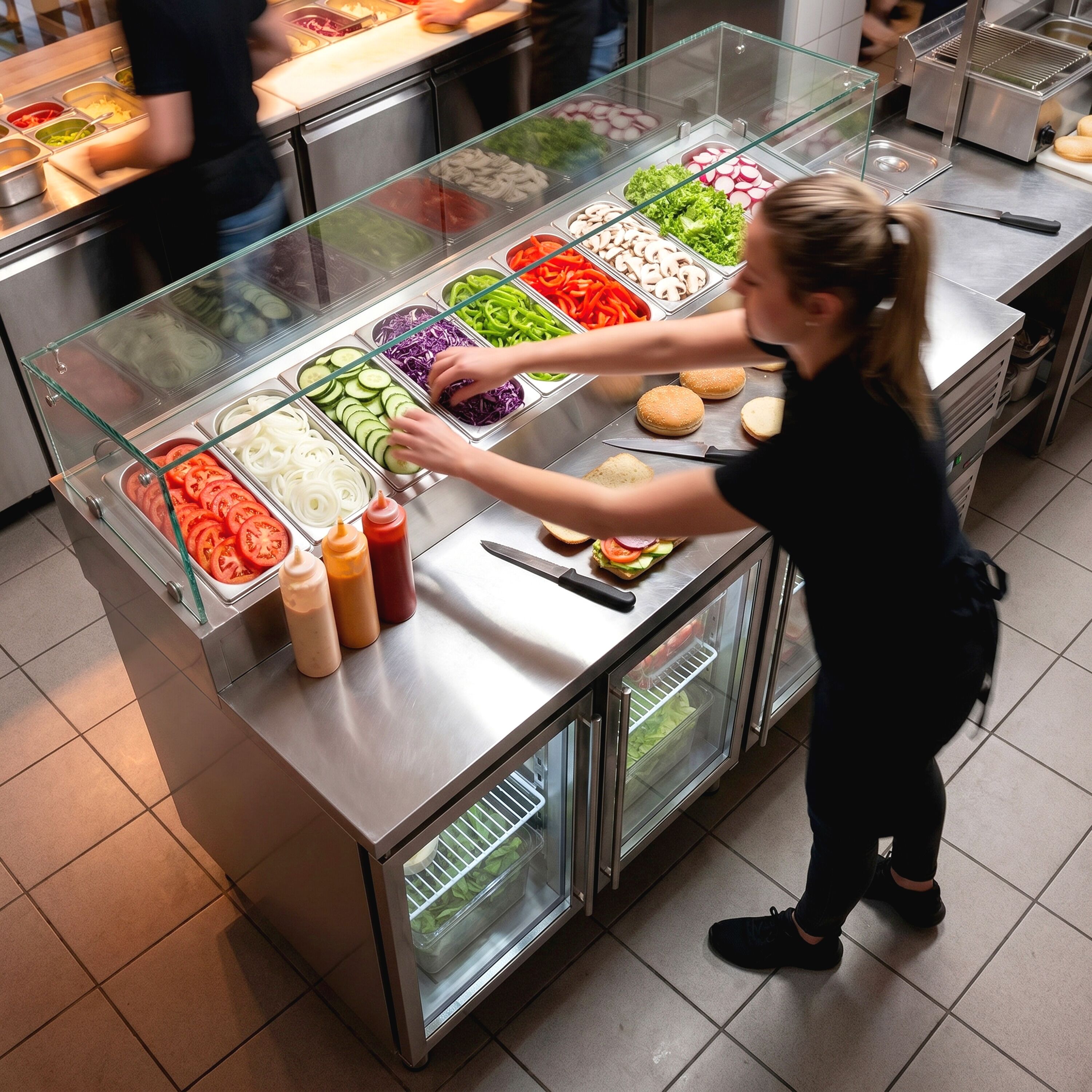 PREMIUM preparation table - 1795 mm - 3 glass doors - with glass top - for 9x GN 1/3