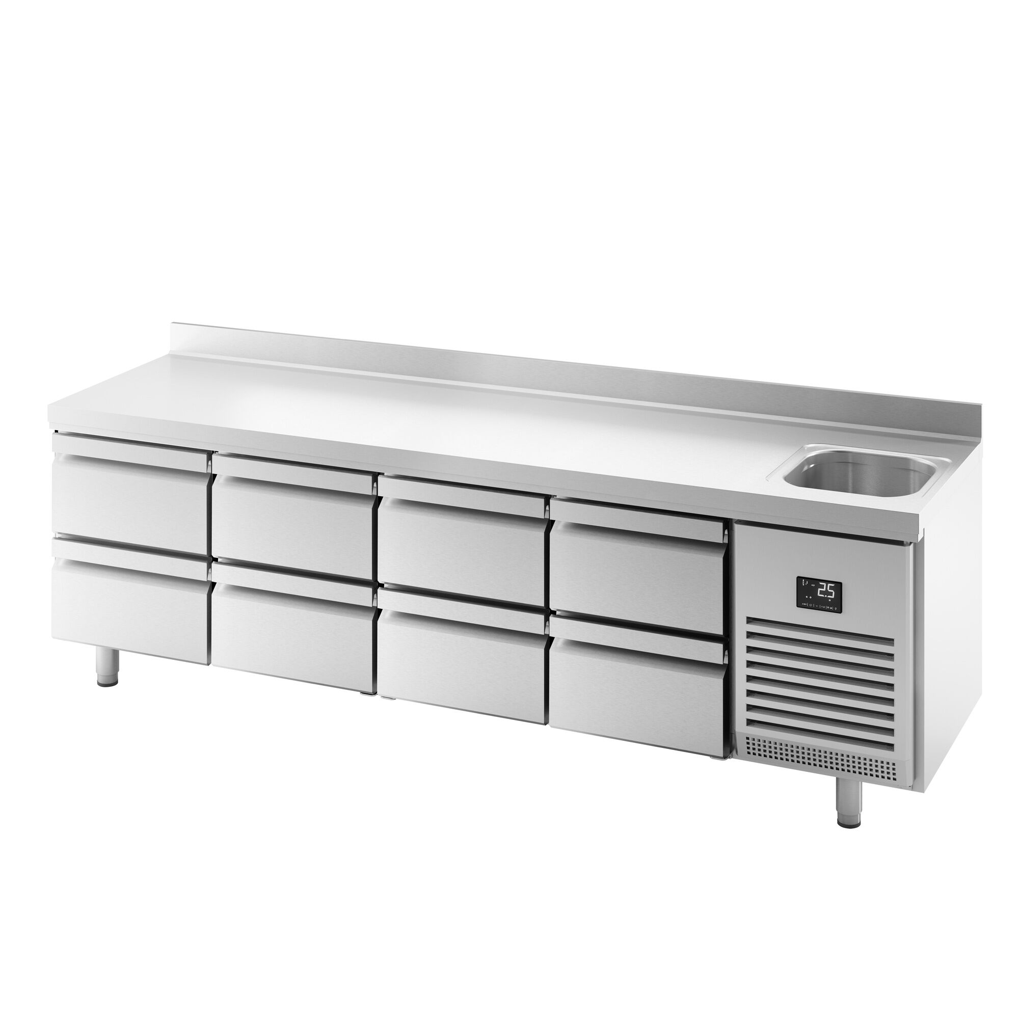 Koelwerkbank PREMIUM PLUS - 2452x700mm - 630 liter - met 8 lades - opstand