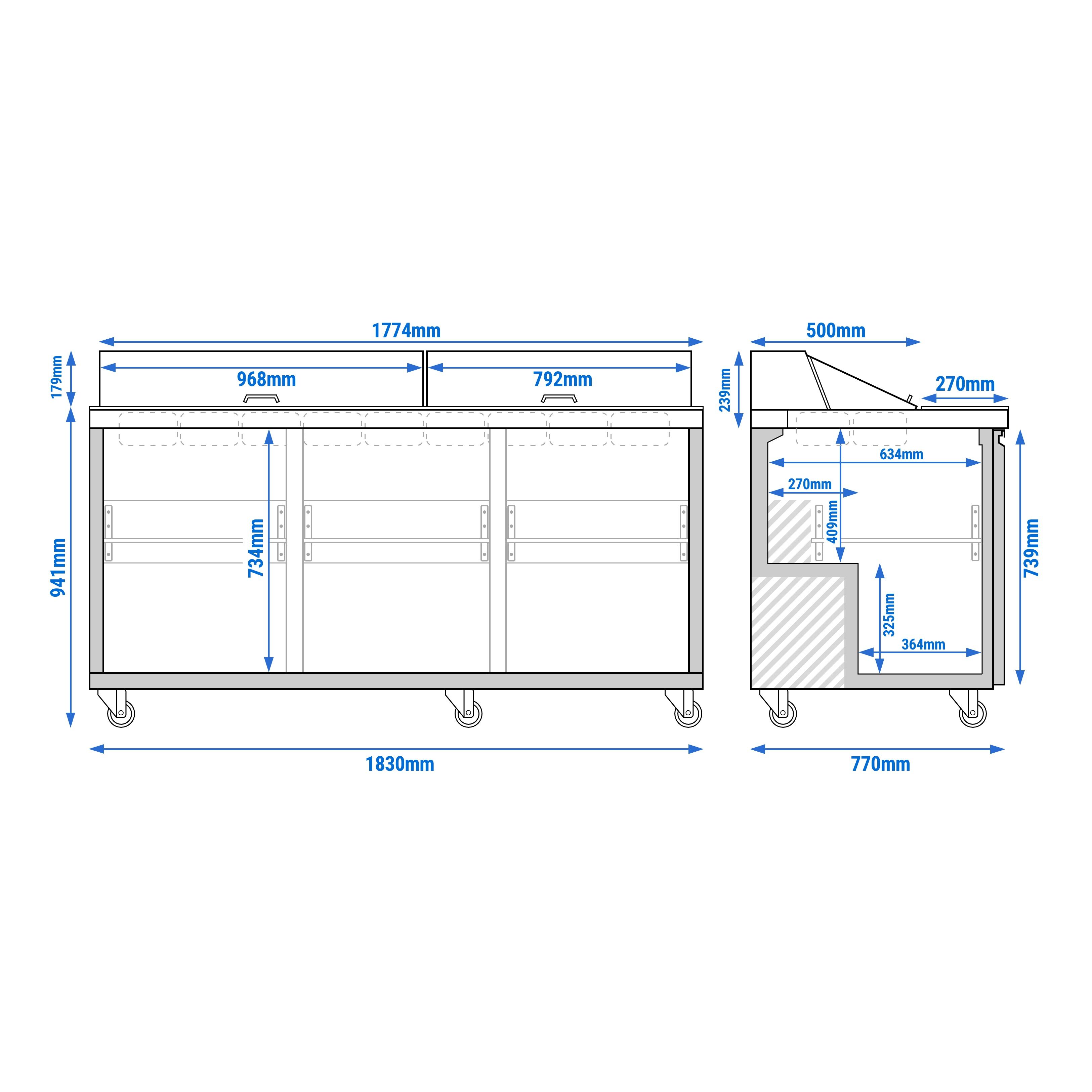 Saladette réfrigérée PREMIUM - 1830mm - 3 portes - avec découpe pour 18x GN 1/6 & Couvercle inox - incl. 18x conteneurs GN 1/6