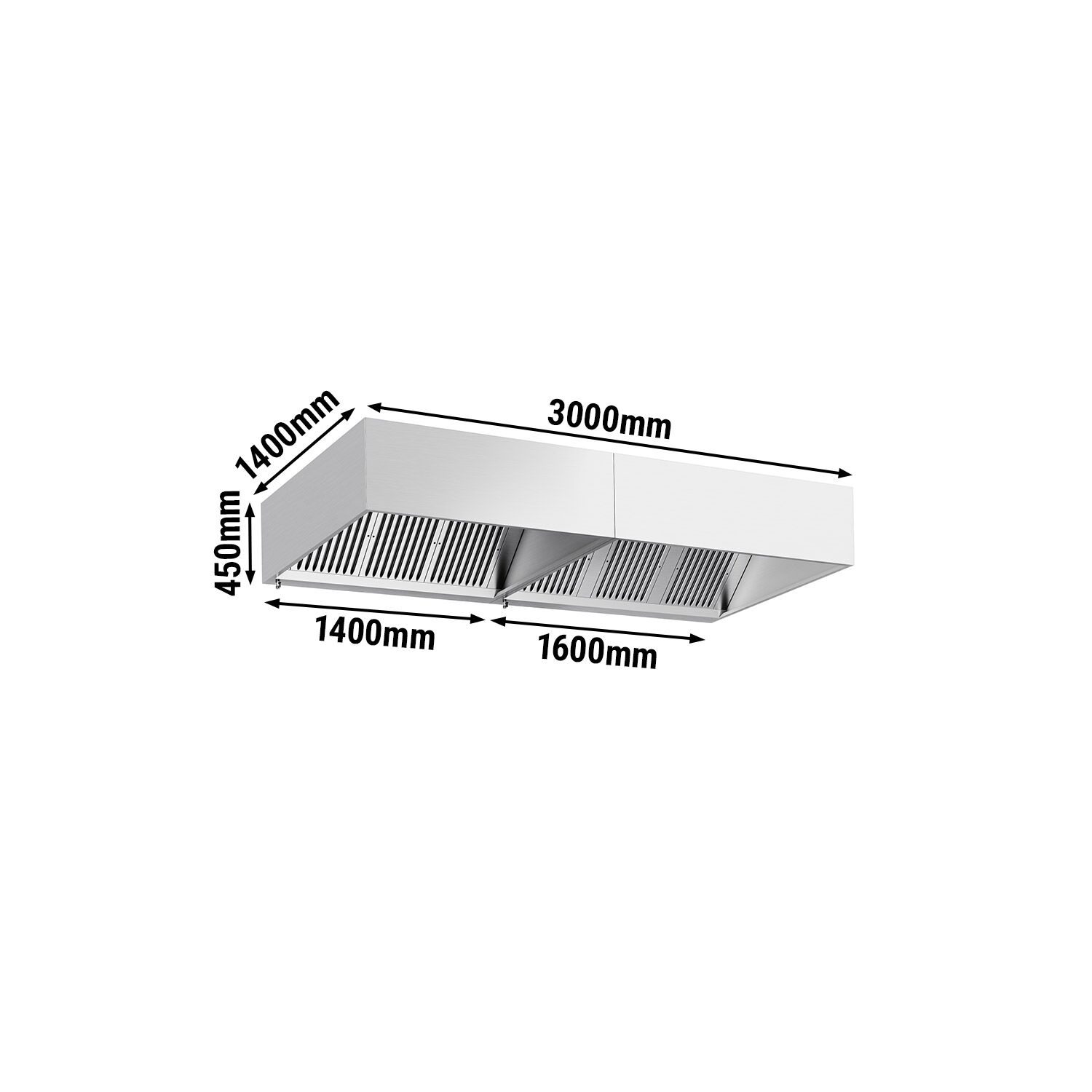 Hotte à adosser professionnelle - 3000mm - sans moteur - avec filtres et éclairage