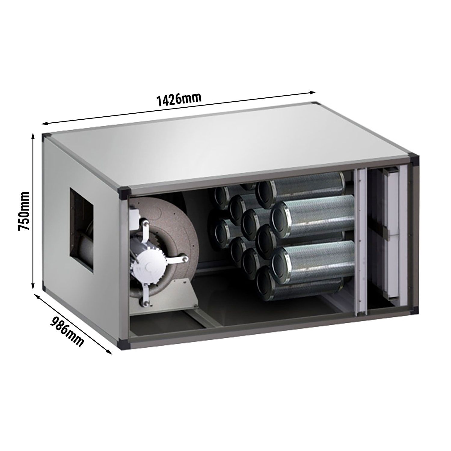 Unité de filtration à charbon actif pour hotte professionnelle avec ventilateur intégré - 4400m³/h - avec préfiltre et filtre à charbon actif - panneau de protection inclus