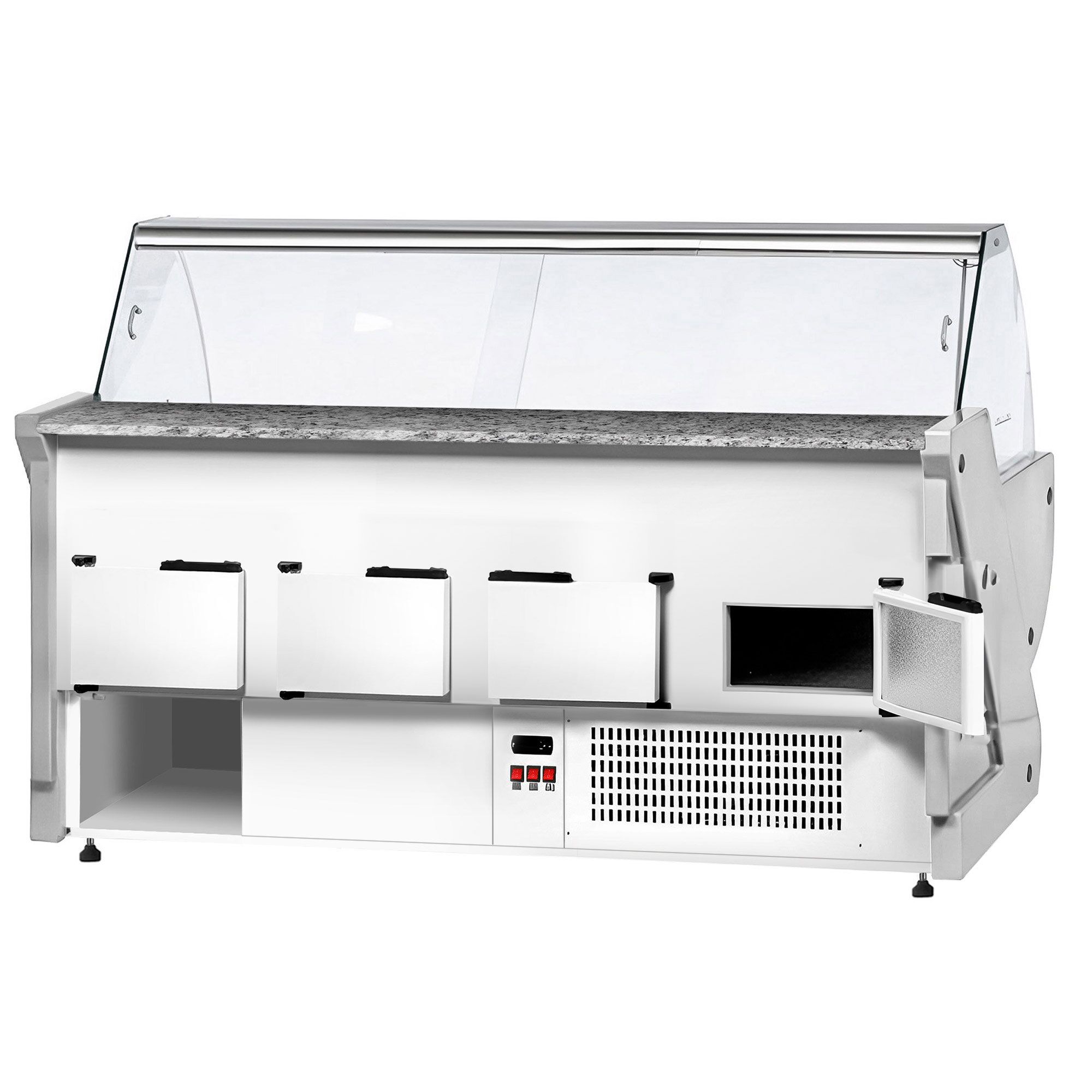 Serve Over Counter - 2965x1150mm - granite worktop - front panel red - capacity 570 litres - curved front glass