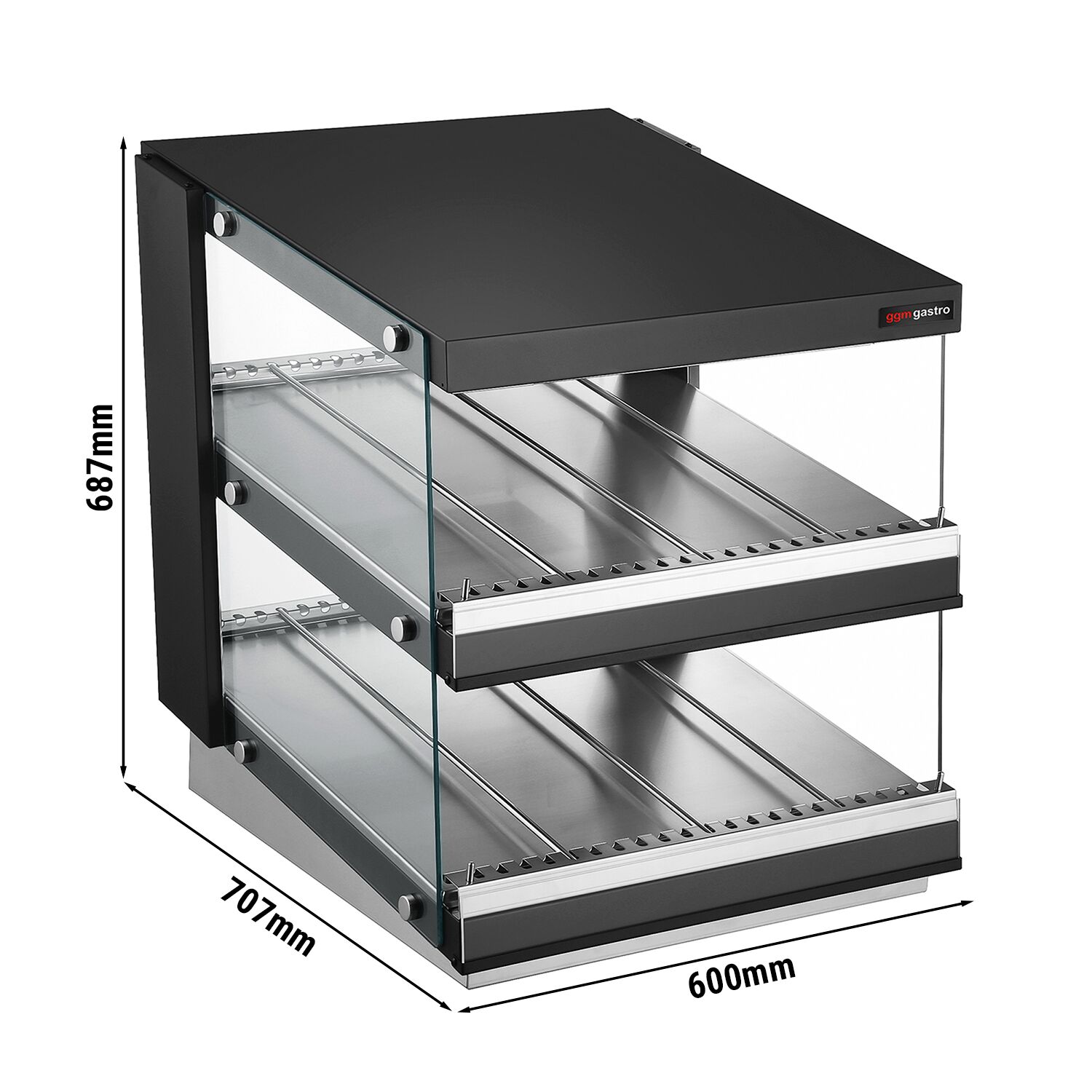 Vitrine chaude - 600mm - 980W - avec 2 étagères - Noir