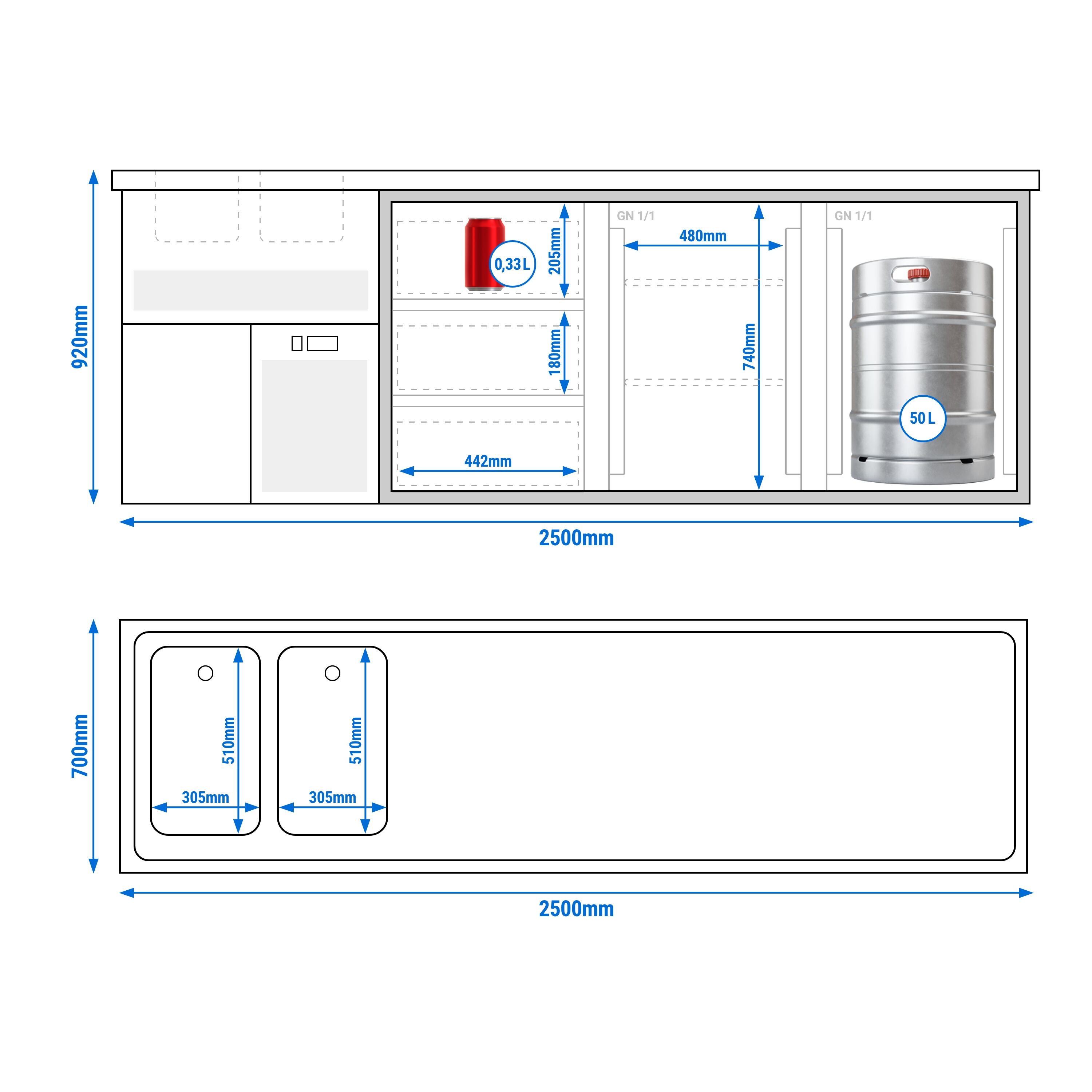 Comptoir de bar réfrigéré Premium PLUS - 2500x700mm - 2 portes vitrées & 3 tiroirs