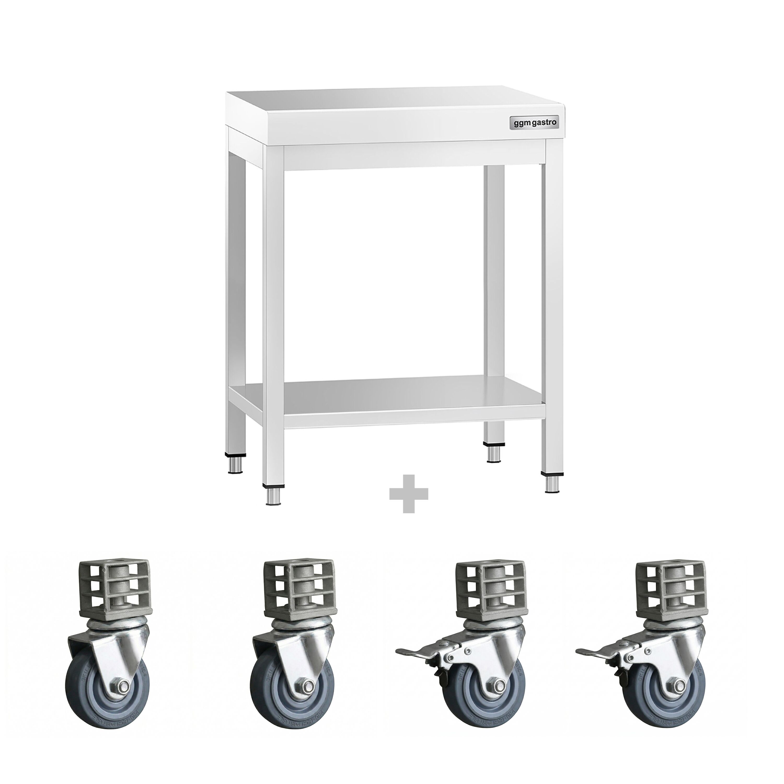 Table de travail en inox PREMIUM - 600 x 700 mm - avec tablette inférieure et roulettes