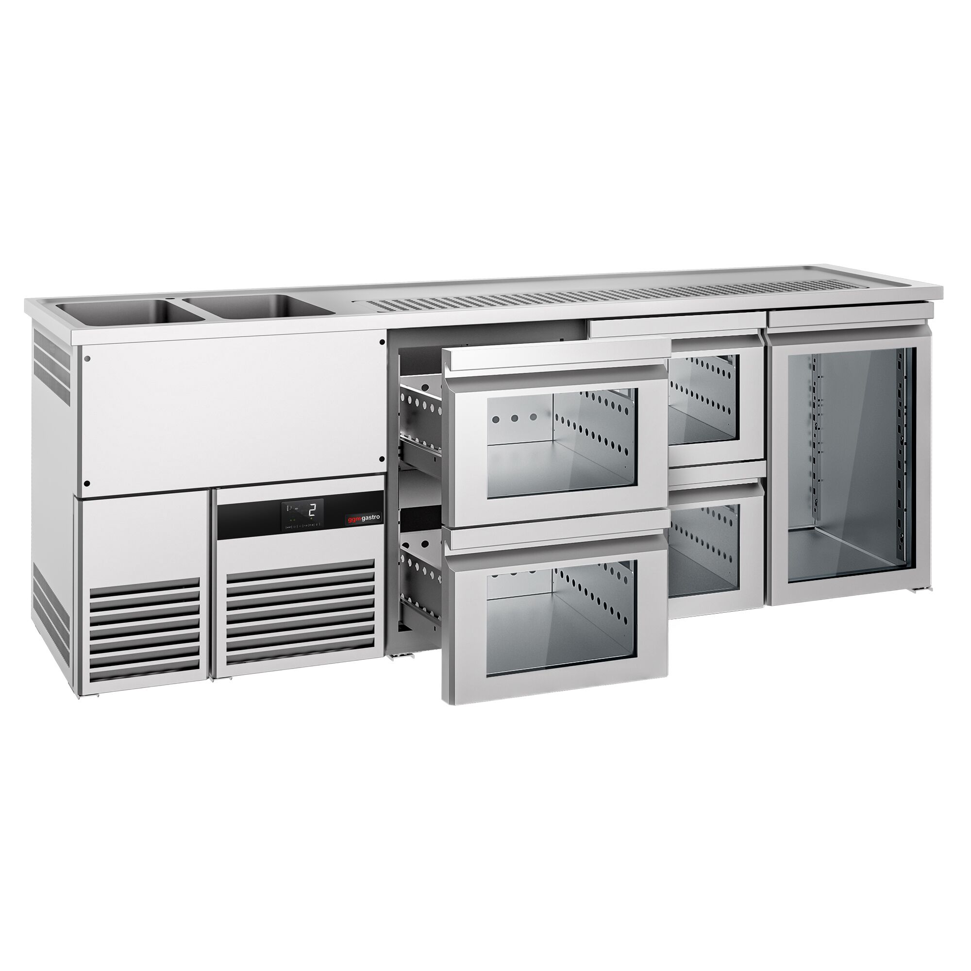 Comptoir de bar réfrigéré PREMIUM - 2500x700mm - 1 porte vitrée & 4 tiroirs en verre